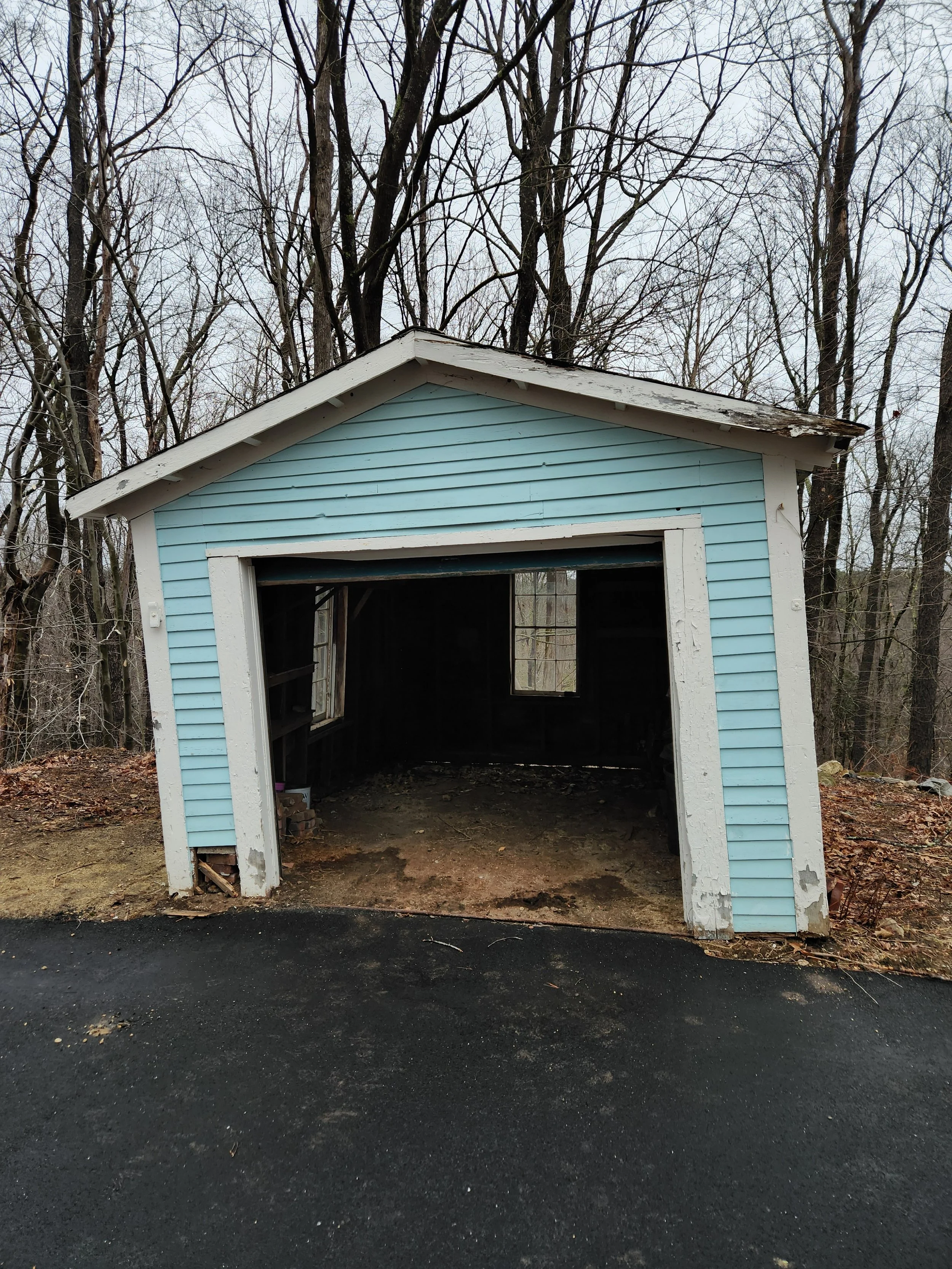A small, light blue garage with white trim that is partially open, revealing an interior with wooden walls and windows. The garage is on a paved driveway with a wooded background of bare trees.