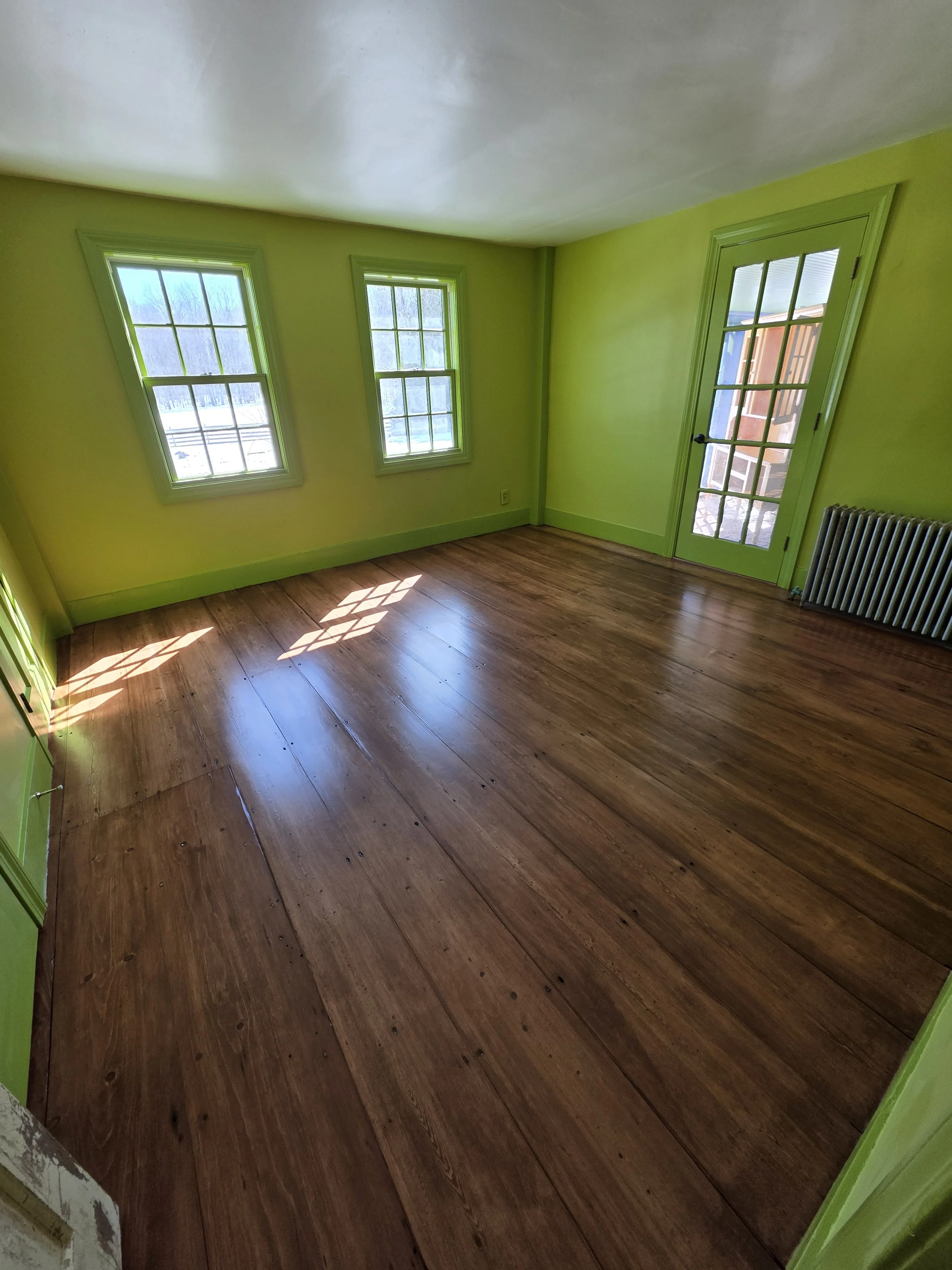 Empty room with bright lime green walls, hardwood floor, two windows, a glass-paneled door, and a radiator under one window.