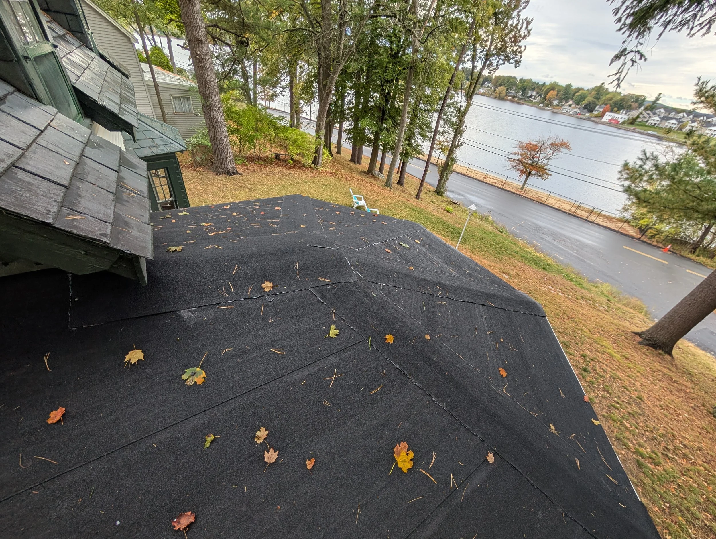 View from a rooftop showing a lake, trees, a parking lot, and houses in the distance on a cloudy day, with fallen leaves on the black rooftop.