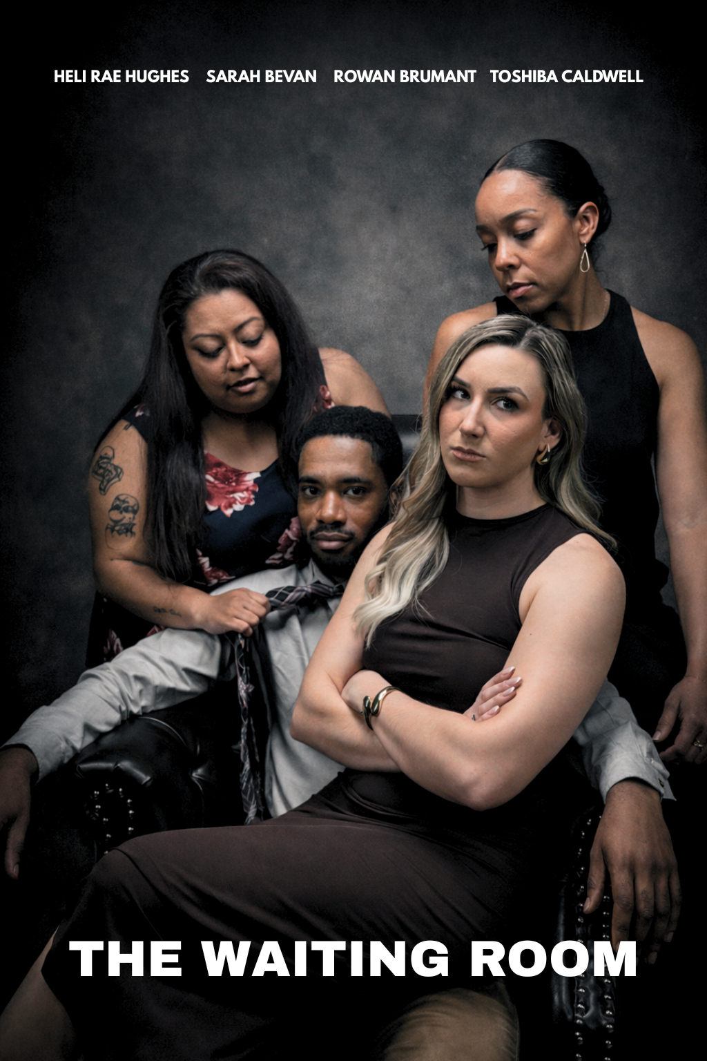 Four diverse individuals pose against a dark background, with the title 'The Waiting Room'.