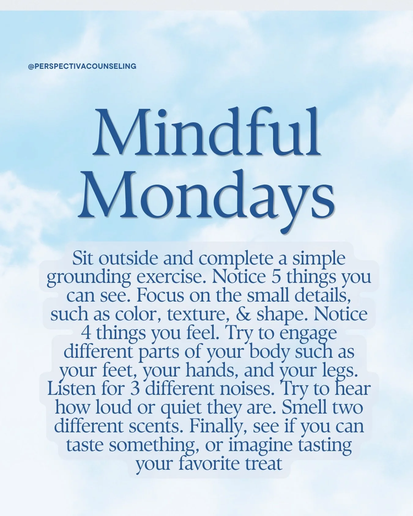 Another Monday, another mindfulness tip. I love going outside to try this simple grounding exercise now that we finally have beautiful weather! #mindfulness #grounding #mentalhealthawareness #therapy #therapyforadhd