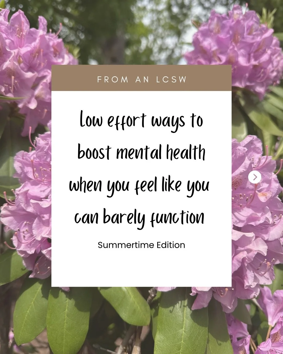 Now that it&rsquo;s finally getting nice, try some of these low effort ways to boost your mental health. #mentalhealth #therapyforwomen #summertime #therapy #adhd
