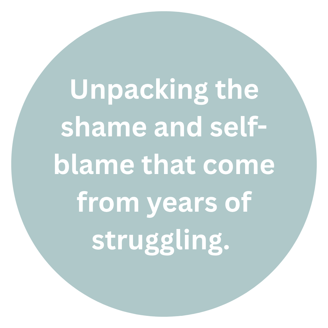 Inspirational quote about unpacking shame and self-blame from years of struggling.