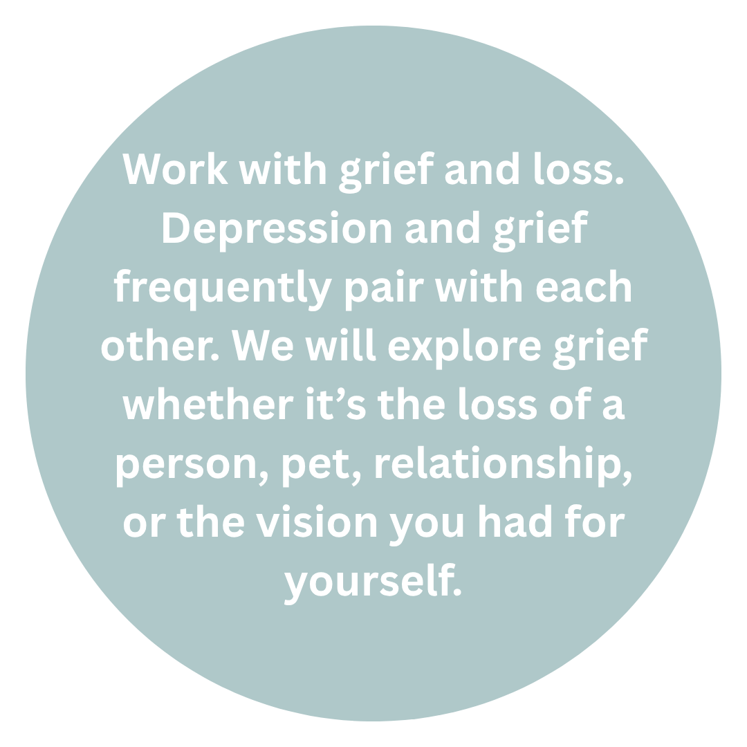 A light blue circular graphic with white text about working through grief and loss, emphasizing that depression and grief often occur together, and exploring different types of loss.