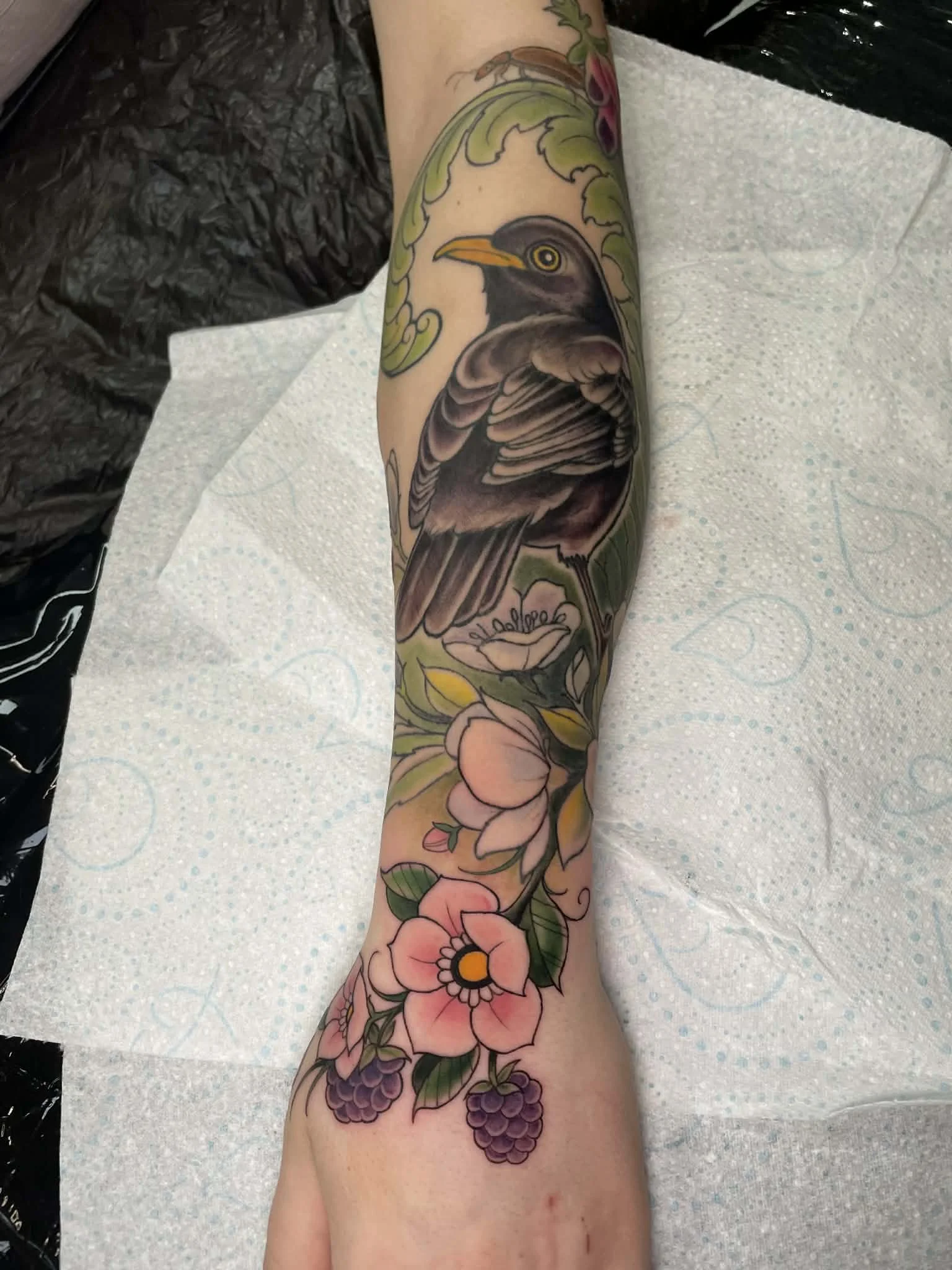 Colorful tattoo on forearm featuring a black bird with yellow eyes and a detailed beak, surrounded by pink flowers, green leaves, and purple berries.