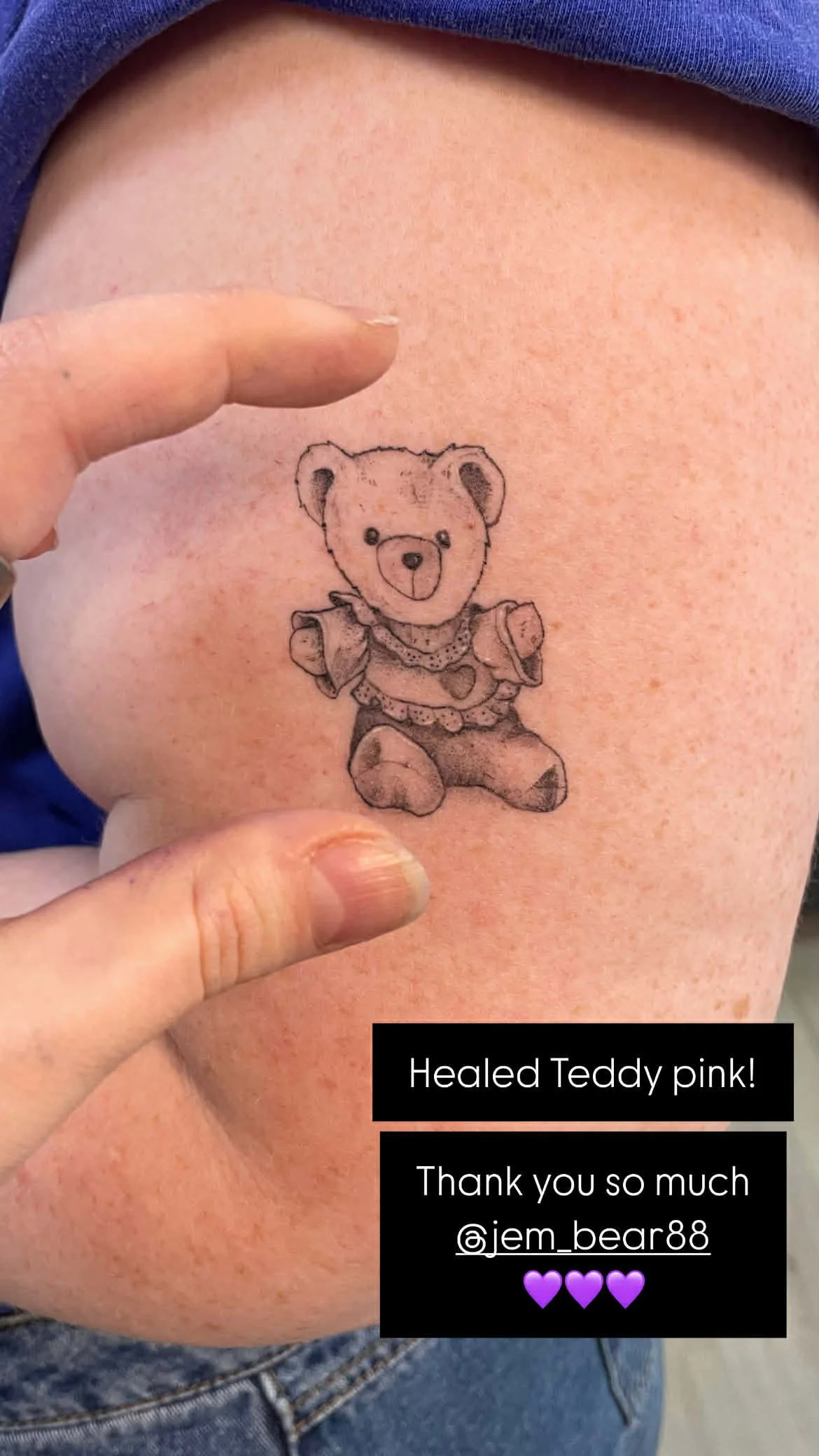 A tattoo of a cute teddy bear on a person's skin, with a caption text overlay praising the healed tattoo and thanking the artist.