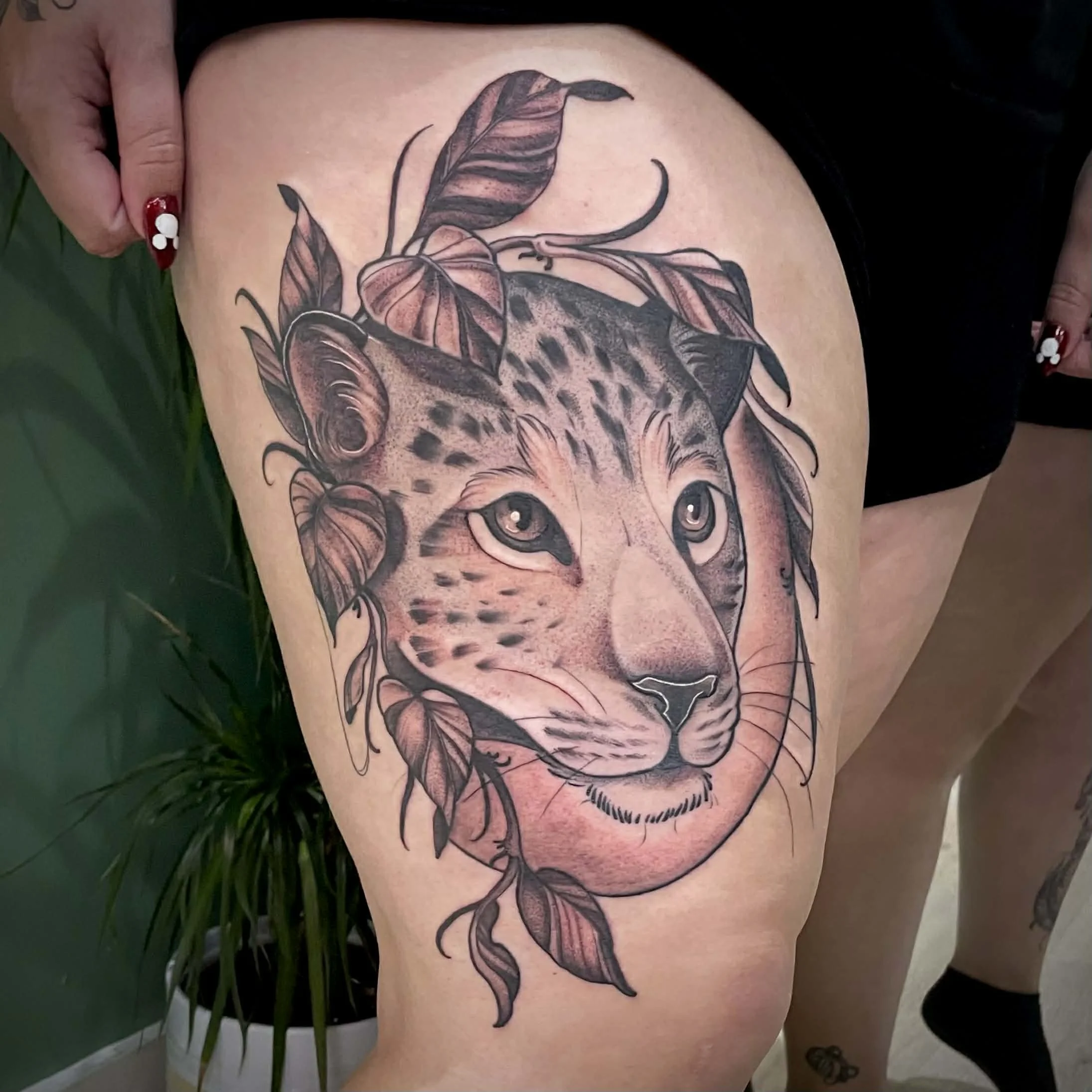 Tattoo of a lioness's face with detailed fur and piercing eyes, surrounded by leaves, on a person's thigh.