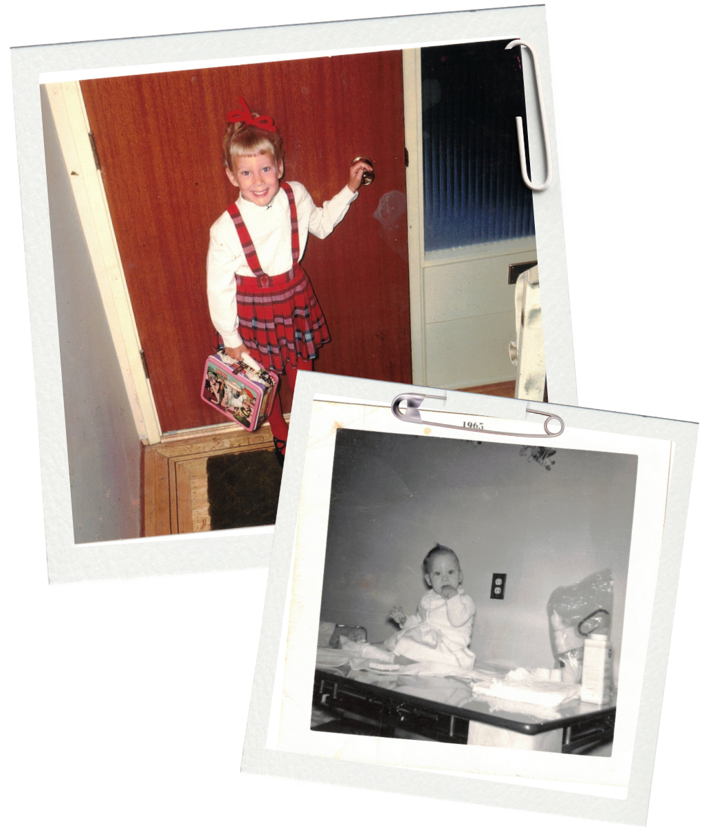 Color photo of a young girl in a plaid skirt and suspenders standing at a door, smiling and holding a pink lunchbox, with a red bow in her hair. Black-and-white photo of a baby sitting on a kitchen counter, wearing a white dress and eating a snack, with various items on the counter.