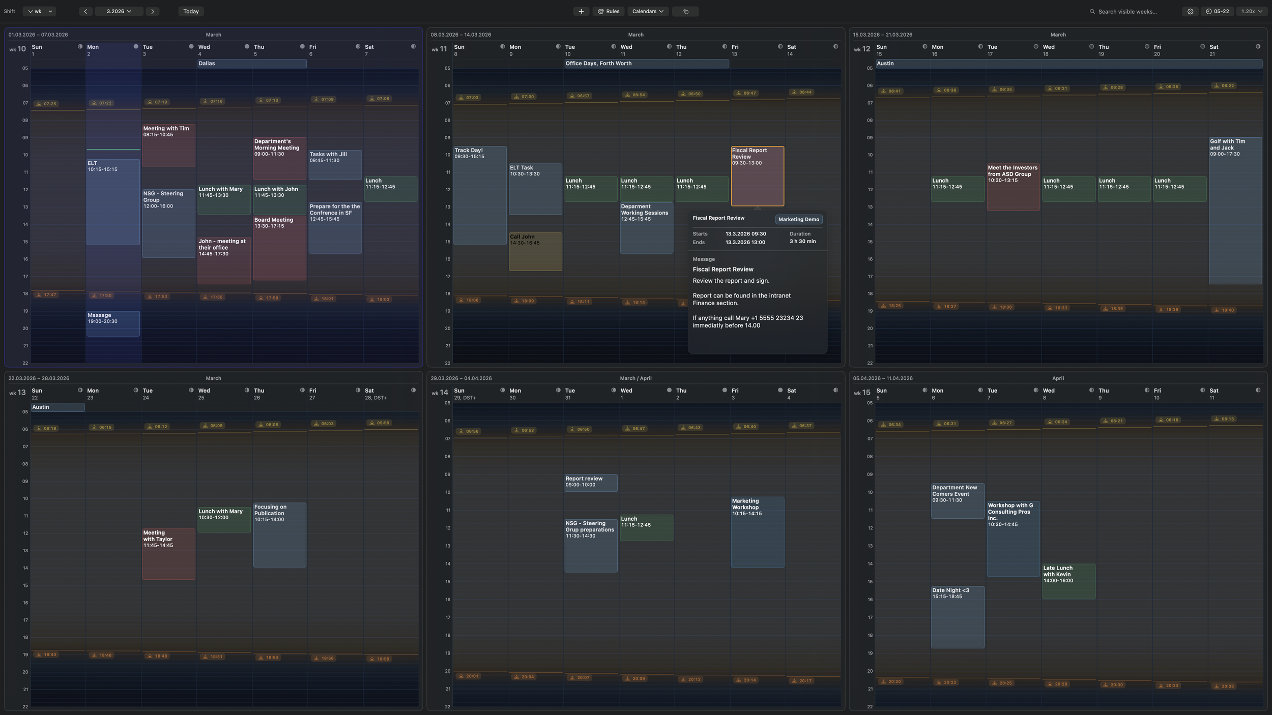 3 x 2 Weeks Grid with Event Popover (Dark)