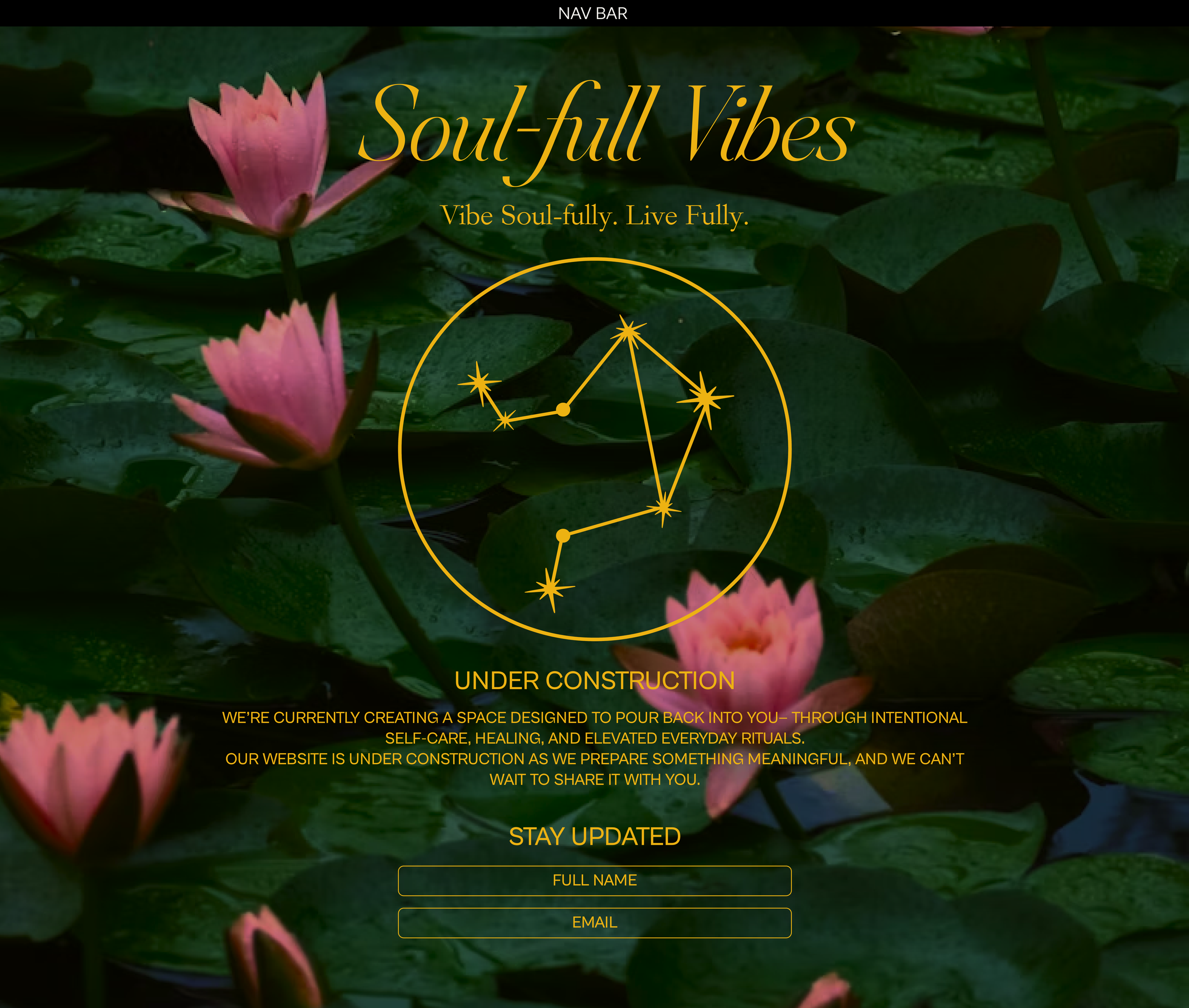 A website under construction with a background of pink water lilies on green lily pads. The title reads 'Soul-full Vibes' with a tagline 'Vibe Soul-fully. Live Fully.' There is a constellation graphic with stars and lines, and text indicating the site is 'UNDER CONSTRUCTION' and encouraging visitors to stay updated by entering their name and email.