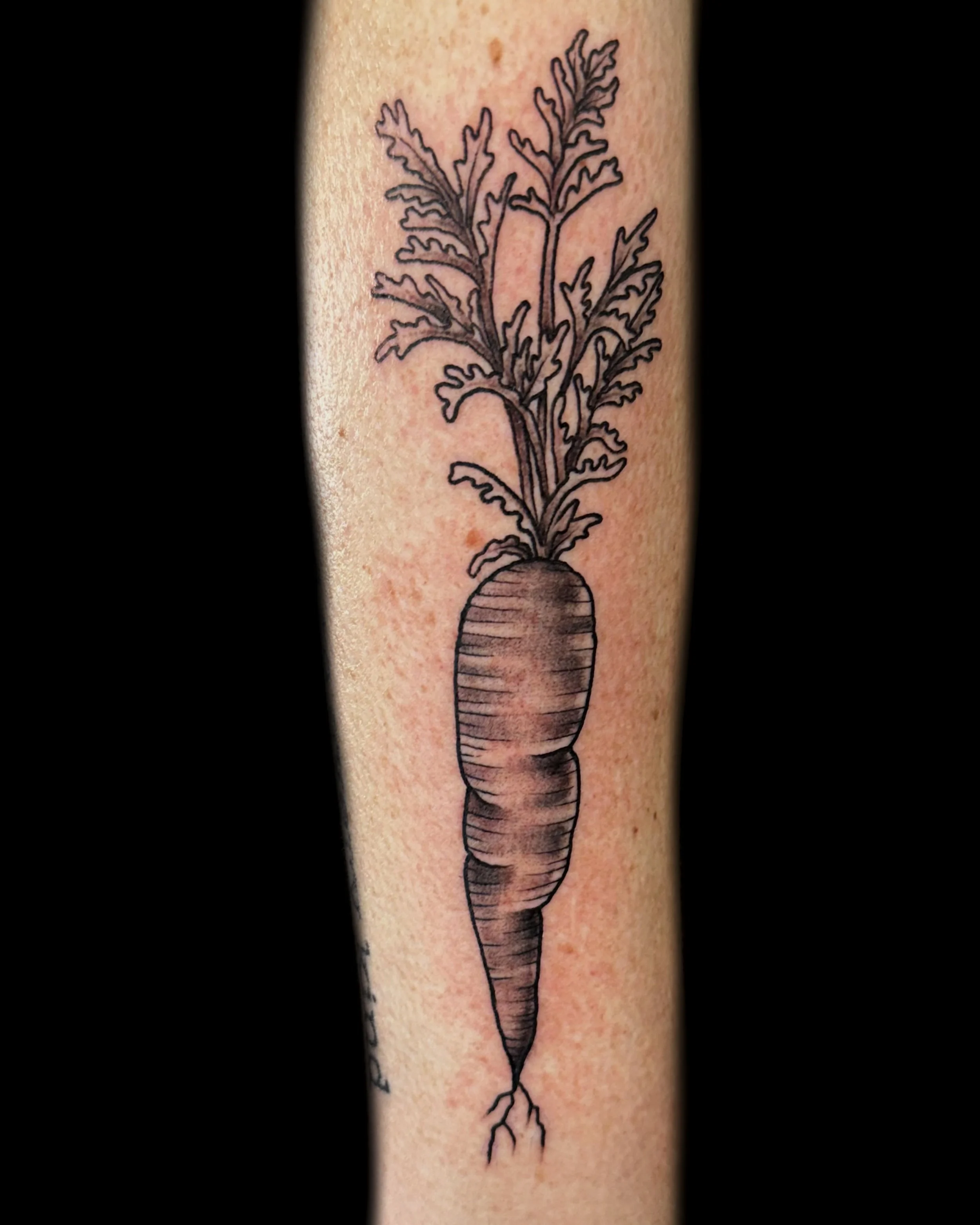 clean and crisp black and grey carrot tattoo on arm. vegan tattooer, climbing tattooer, van-life tattooer.