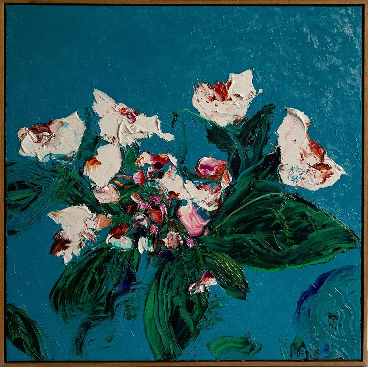 AVAILABLE - 'Winter Orchids', Oil on linen, framed. 93cm x 93cm $3,000
