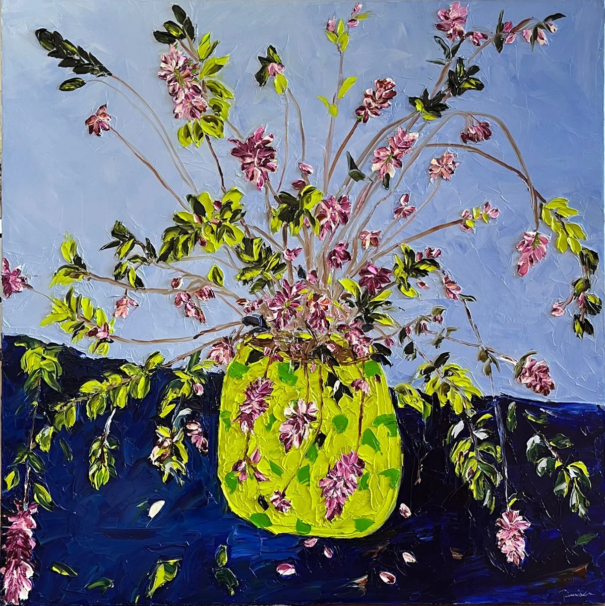 SOLD - 'Buckets of love, summer rain', 110 cm x 110 cm, Oil painted on Italian linen, Oak Frame 