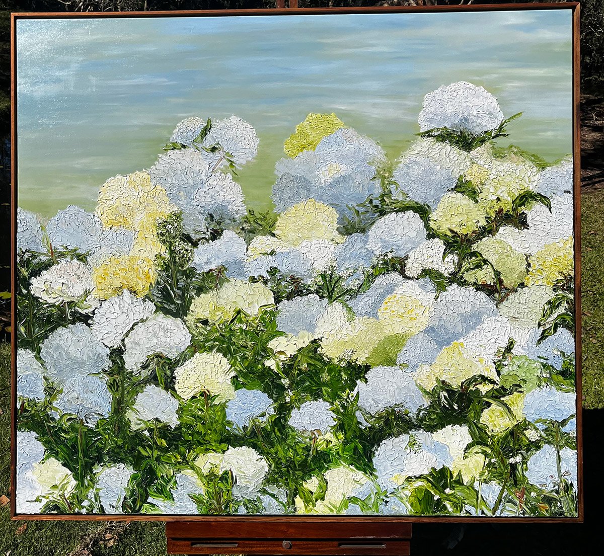 COMMISSION - 'Where Peace and Stillness reside, Beauty Unfolds', 140cm x 125cm, Oil on Italian linen, Blackwood floating frame.