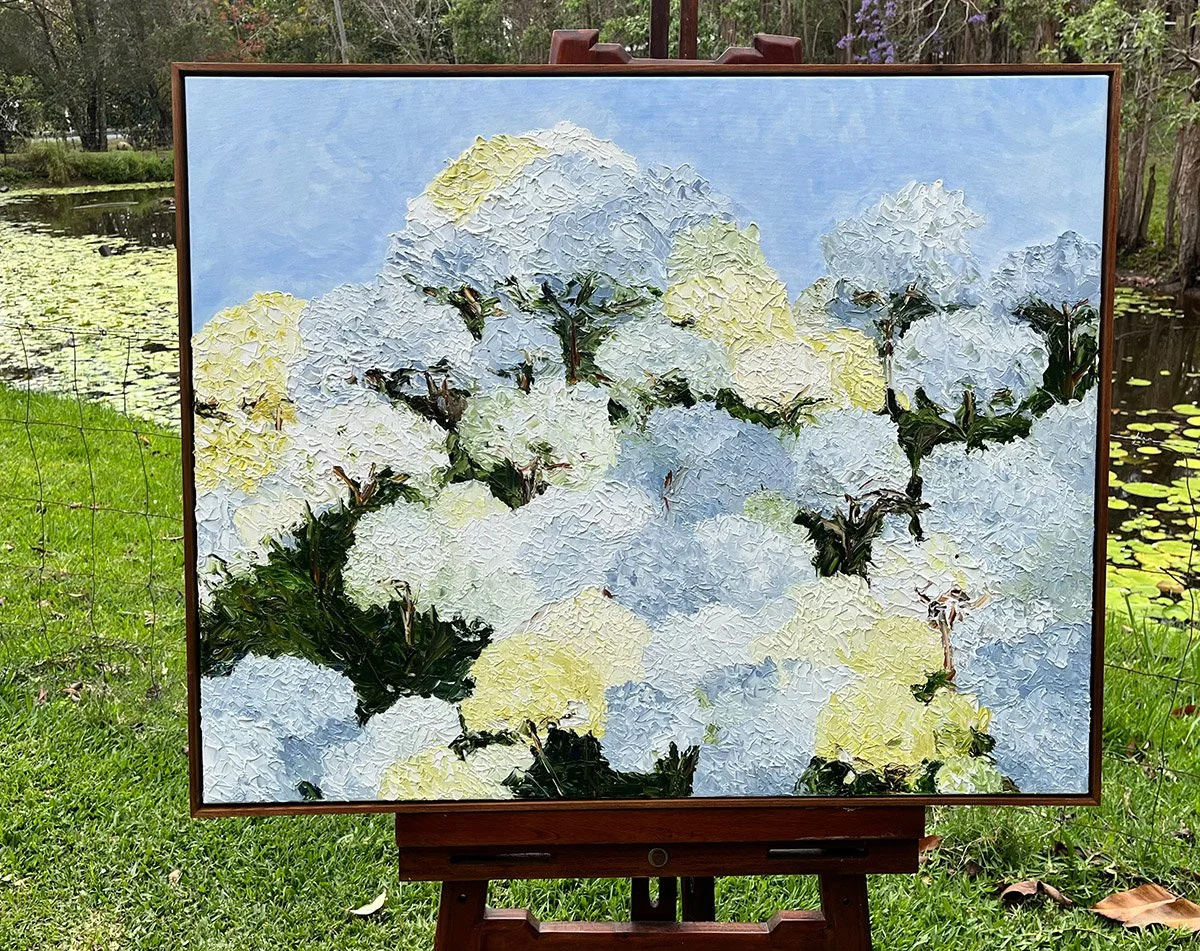 SOLD - 'Floating on a Cloud of Colour', 103 cm x 83 cm. Oil, framed in blackwood.
Hydrangeas are one of the most popular flowers that I paint for collectors. Fields of blues, soft yellows, lime and delicate greens bring tranquility to your space. A "