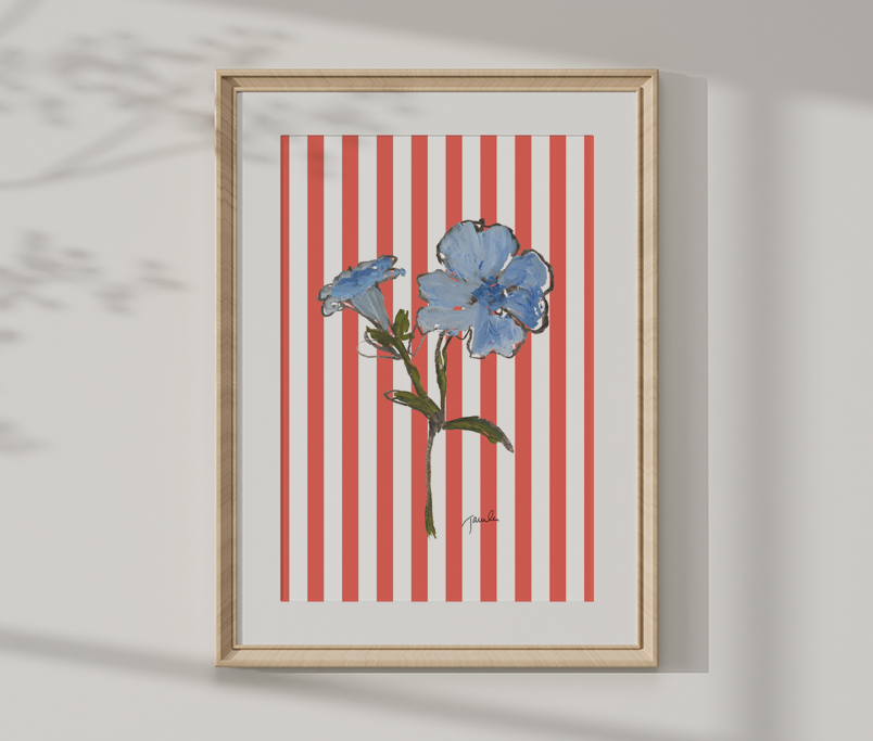 'Blue Pandy on red stripe' botanical study fine art reproduction