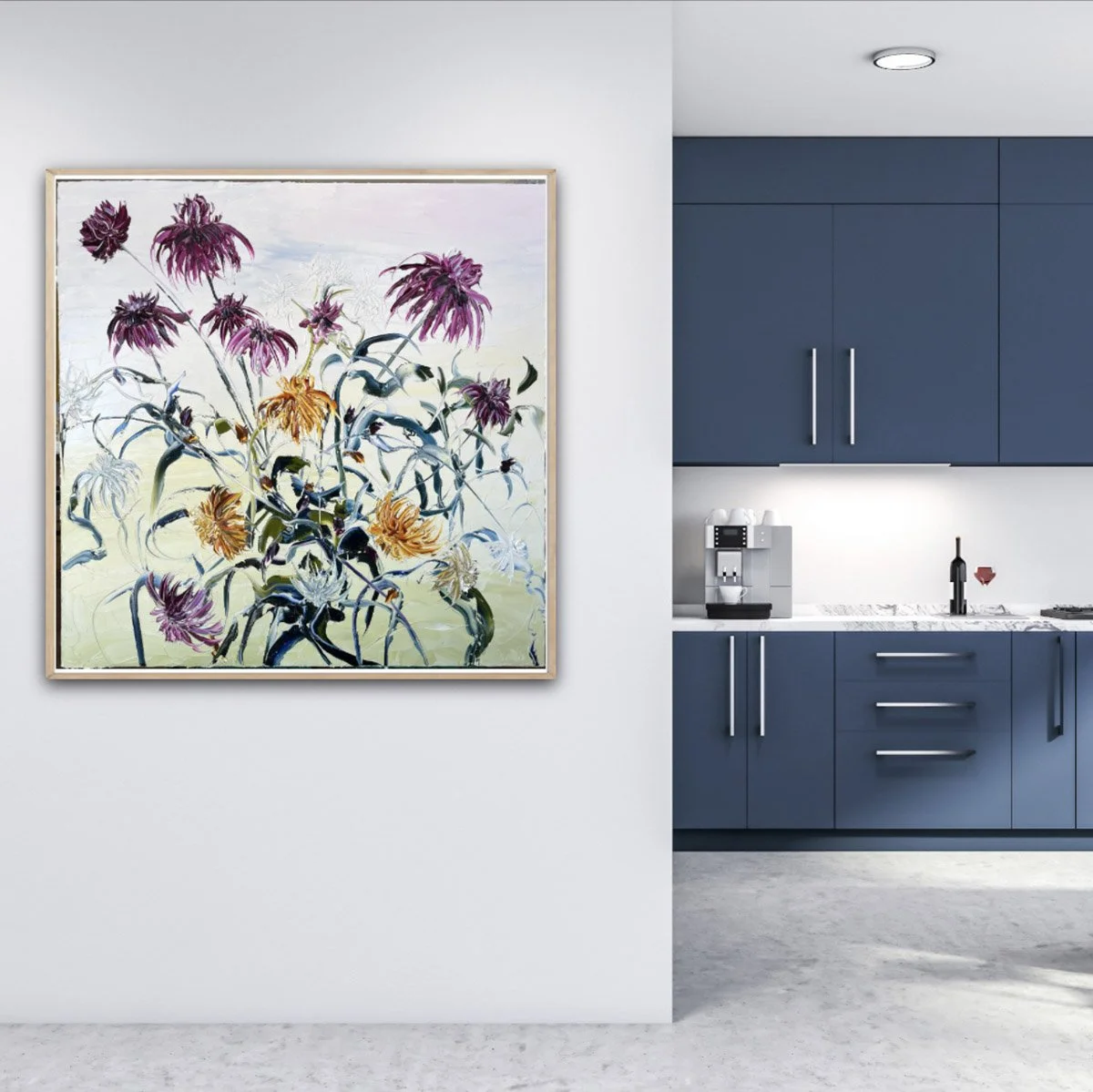 SOLD - 'Dahlias Dancing under a Full Moon', 110cm x 110cm, Oil on Italian Linen, Framed in Oak