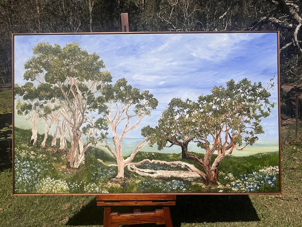 COMMISSION - 203cm x 123cm, oil on Italian linen, framed in blackwood and wired for hanging.
This work celebrates the melaleuca trees on the Mornington Peninsula in Victoria, Australia. 