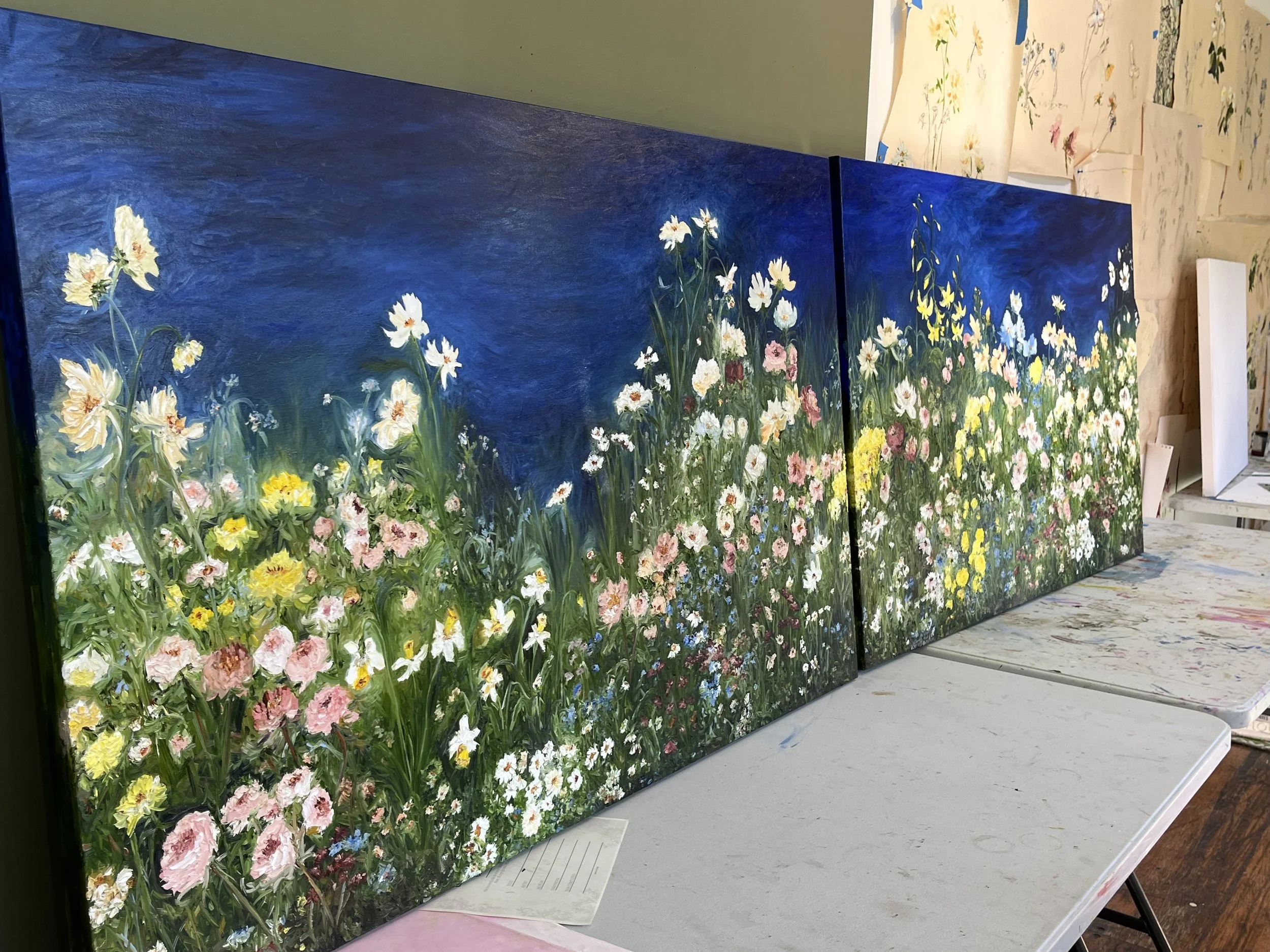deep blue oil painting meadows rambling gardens daisies cosmos yellow pink green wildflowers textured large works