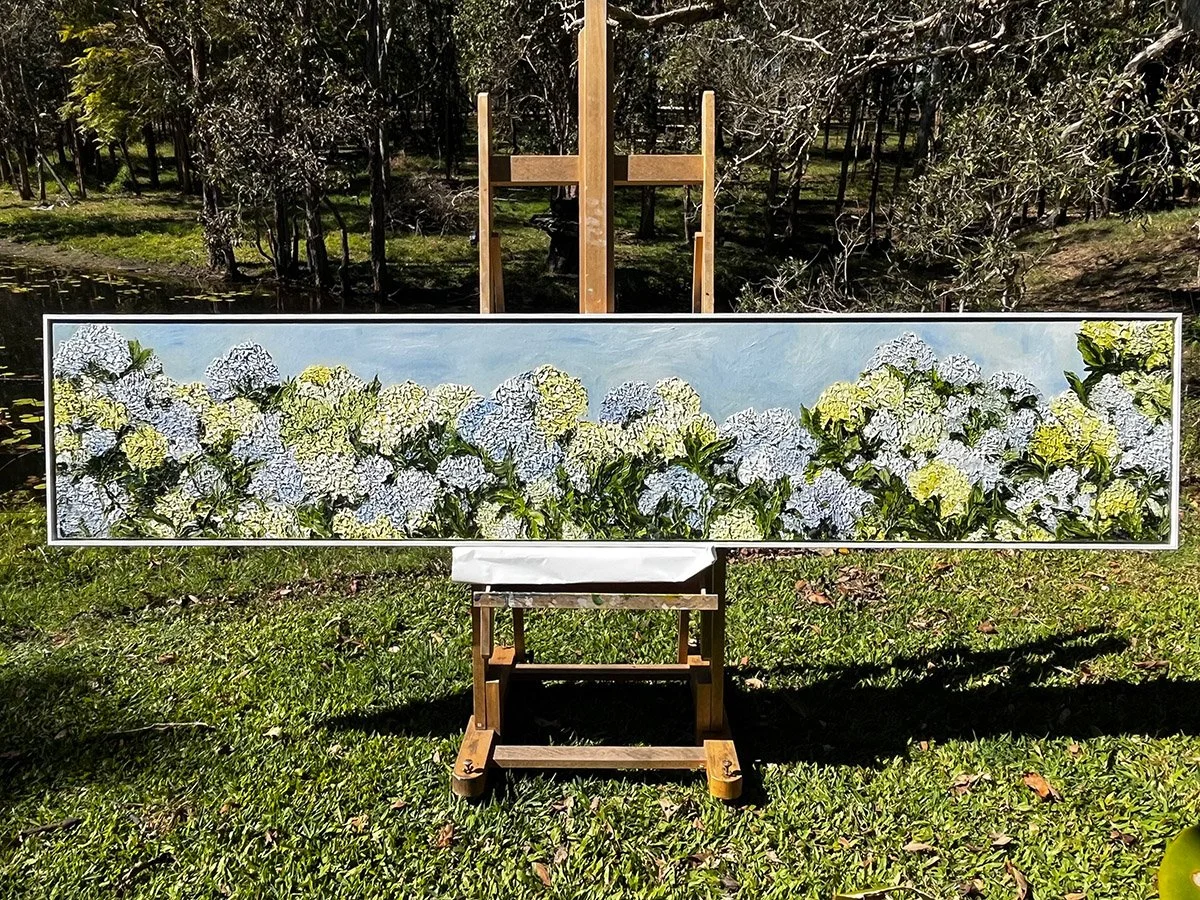 COMMISSION - 'Golden Light' - hydrangeas,
255cm x 53cm, oil on Italian linen, white floating frame.