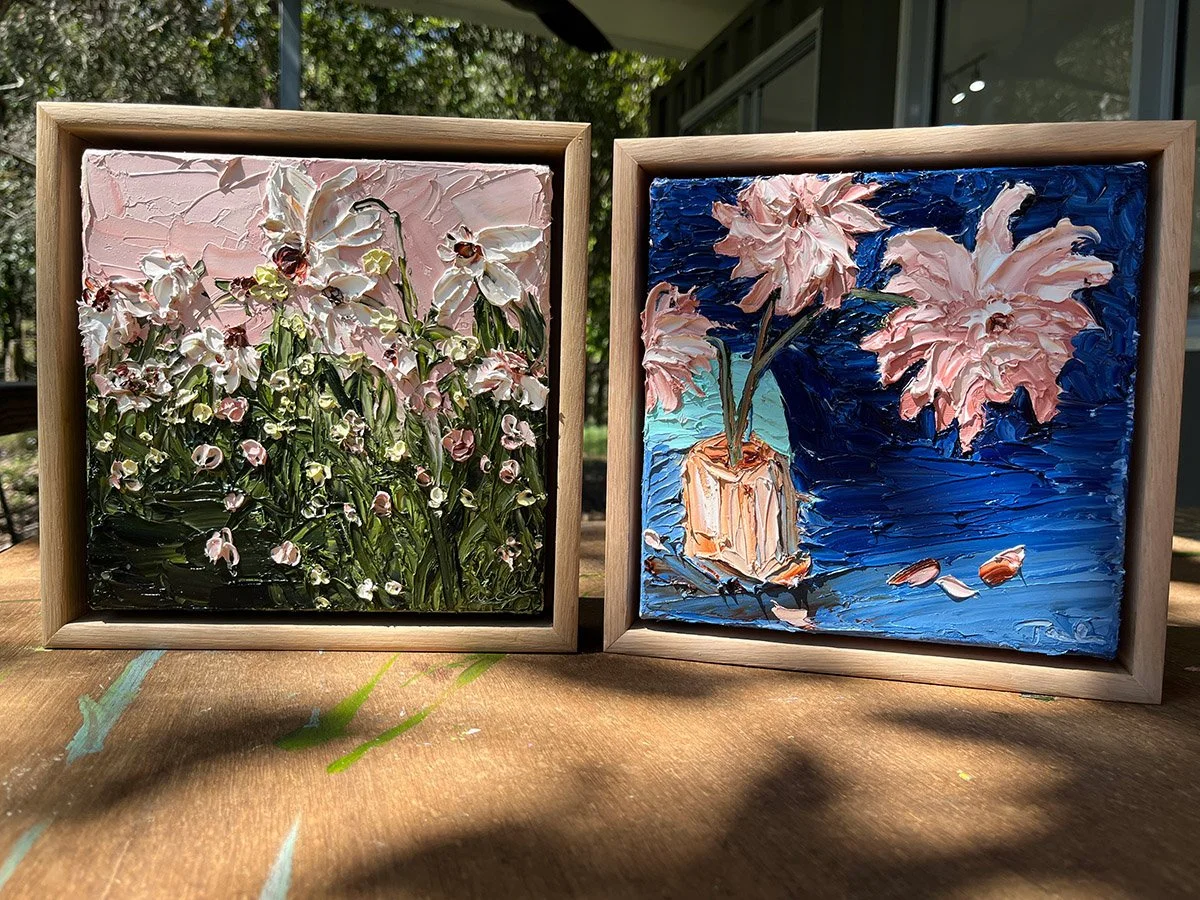 SOLD - 'Dahlias with an Ocean View' (left), 23.5cm x 23.5cm Oil on Linen