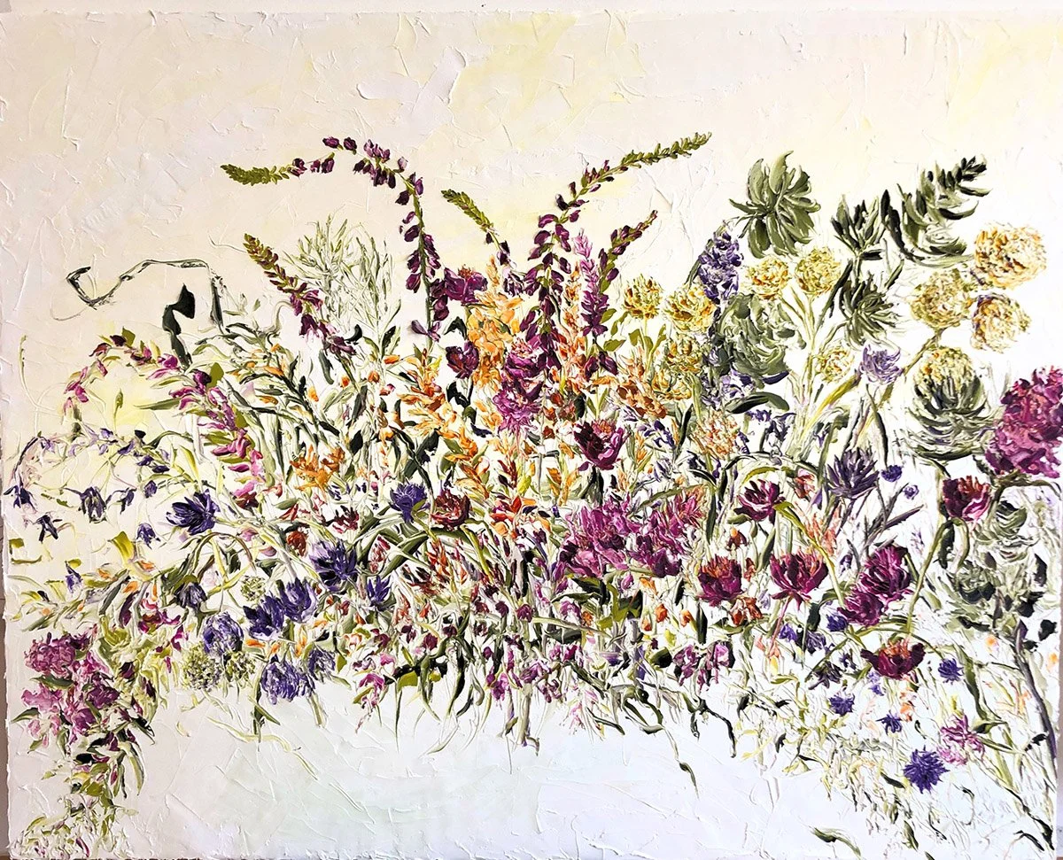 SOLD - 'Barefoot in the Garden with You', Oil on Italian Linen, 156cm x 125 cm, Framed in dark oak.