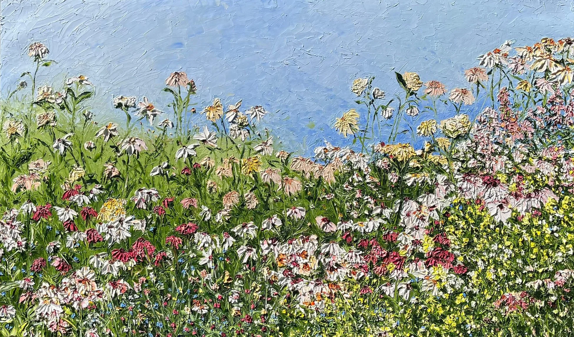 A vibrant painted-style image of a colorful flower garden under a blue sky.