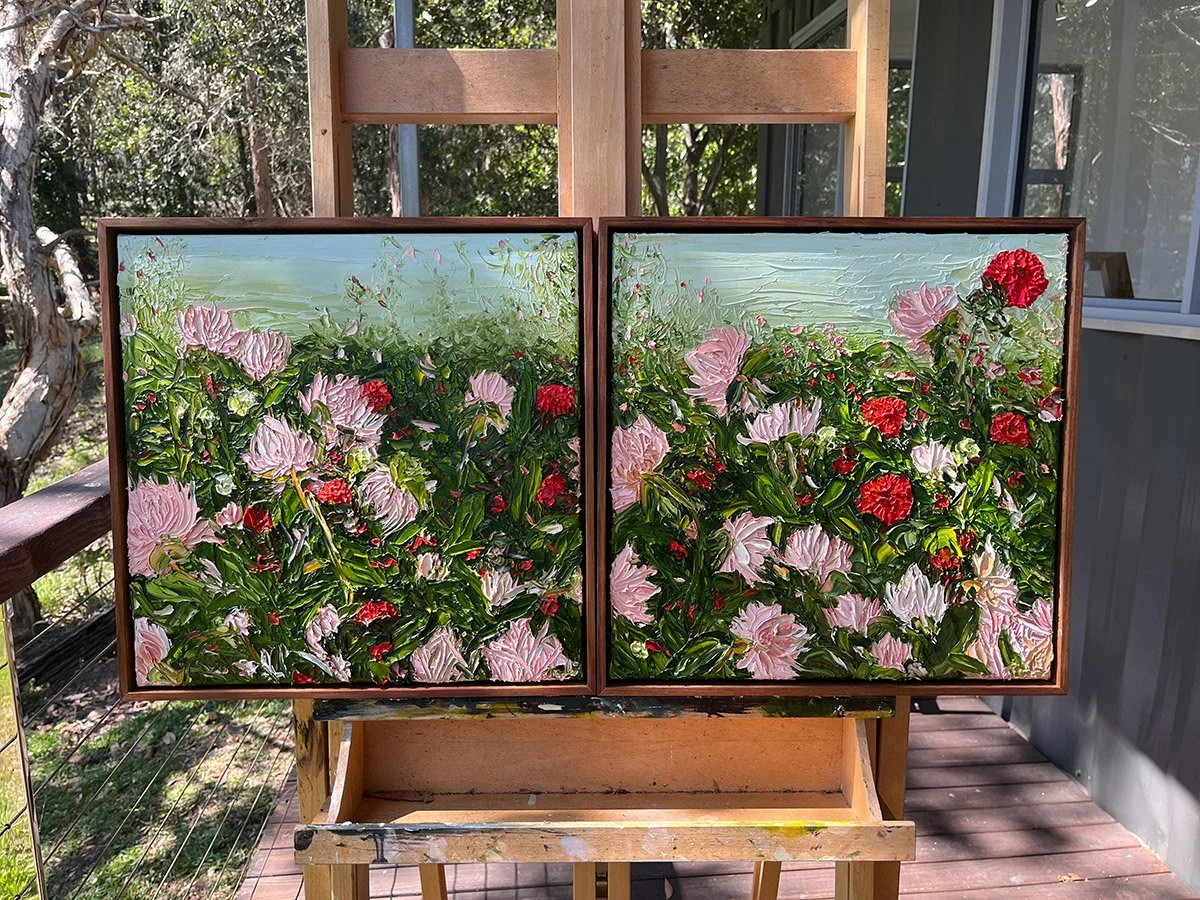 DIPTYCH - 'When the Dahlias Sing, the Marigolds Dance'. Oil, Linen, framed in Blackwood.