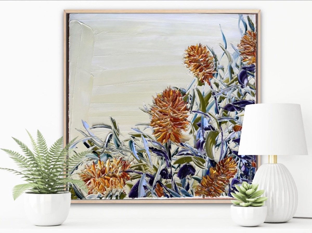 SOLD - 'Banksia', 65cm x 65cm, Oil, on Polycotton, Framed