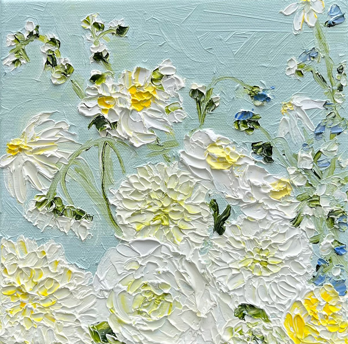 SOLD - 'The Proud Heralds of Spring', 23.5cm x 23.5cm, Oil, framed in Oak.
Whimsical and delicate this is an impactful desktop delight. Textured with thick oil. 