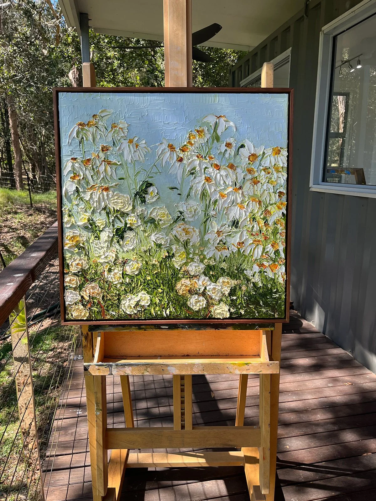 SOLD - 'Surprise Encounters Along the Garden Path', 65cm x 65cm, Oil on Linen, Framed