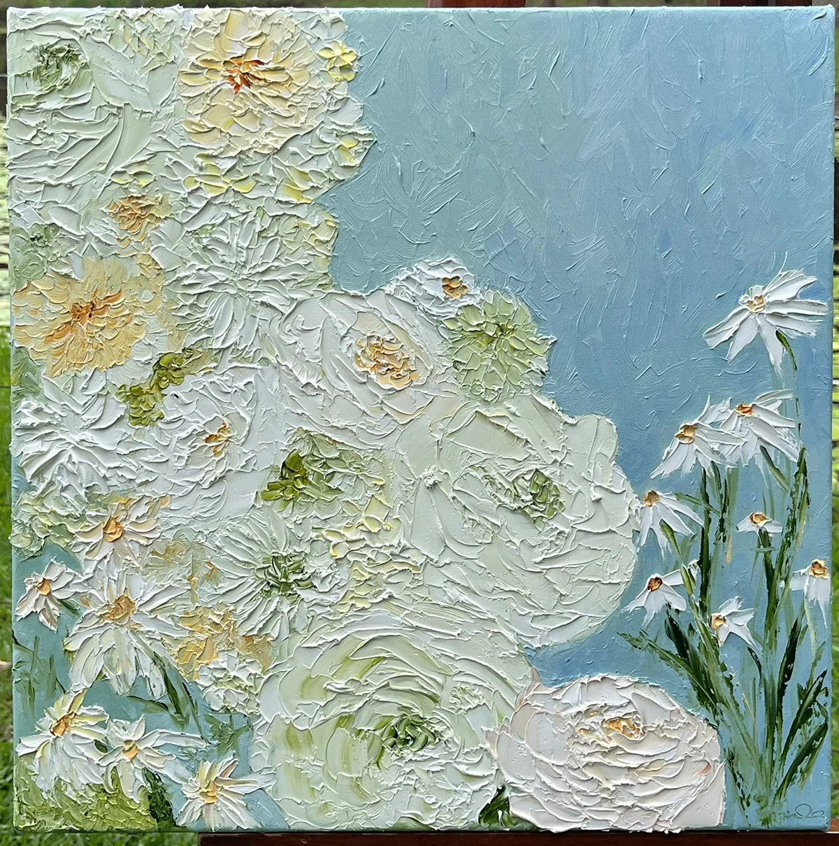 SOLD - 'Carefree Trifecta: Dahlias, Peonies, Daisies', 43cm x43cm, Oil, framed in Blackwood.
Oil, texture, and dreamy blooms... Butter yellows, soft lime greens, Italian pink and Australian gold... Big blooms on a small painting will delight and enli
