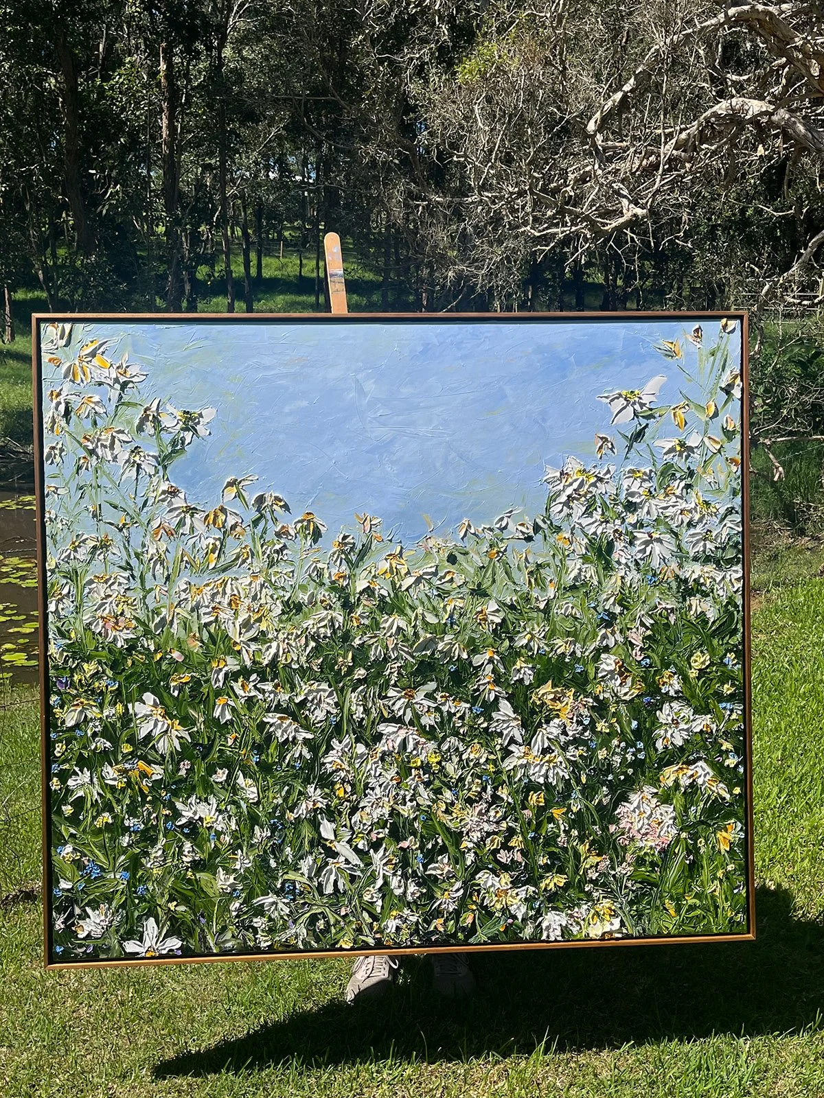 COMMISSION - Oil painting on Italian Linen, 138 cm x 124 cm, Framed in a blackwood floating frame.