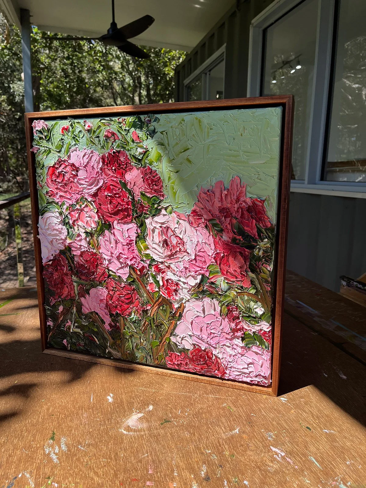 SOLD - 'Besotted, Roses in Bloom', 43cm x 43cm, Oil on Linen, Framed