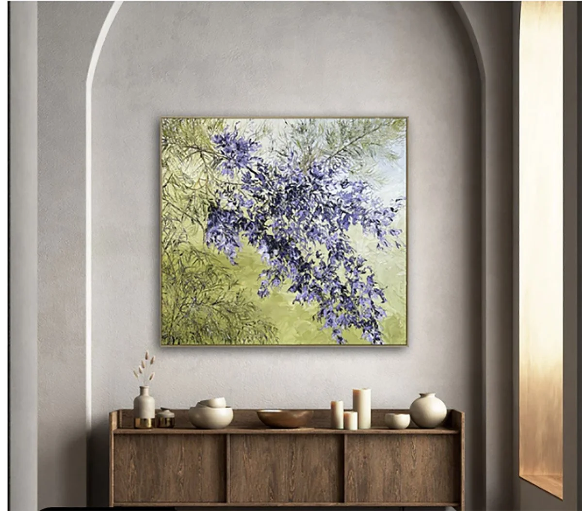 SOLD - 'The Fragrance of Spring, The Umbrella of Beauty: Jacaranda'.
This painting was featured in British Vogue, August 2023.
Oil on Italian Linen, 126cm x 120cm. Framed in a dark oak floating frame.