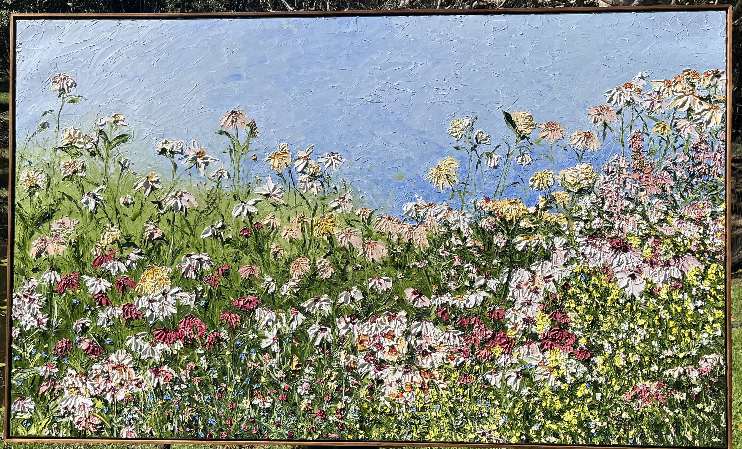 meadows wildflowers large textured oil paintings cosmos dahlia daisies greens blues
