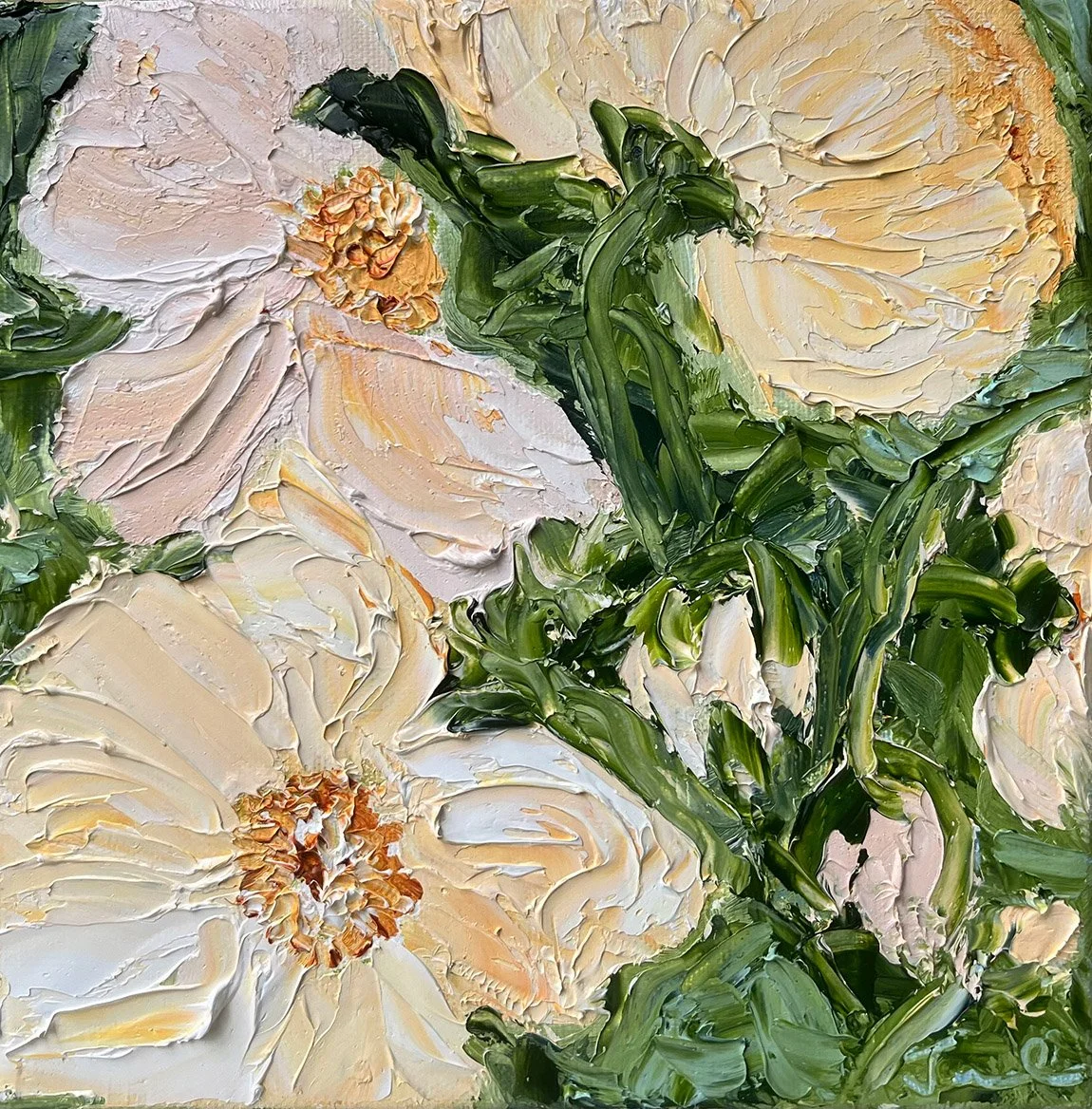 SOLD- 'Reminders of Love', California Poppies. 23.5cm x 23.5cm, oil, framed in blackwood.
Poppies take centre stage in this desktop delight. Highly textured and filled with layers and Spring colours. 