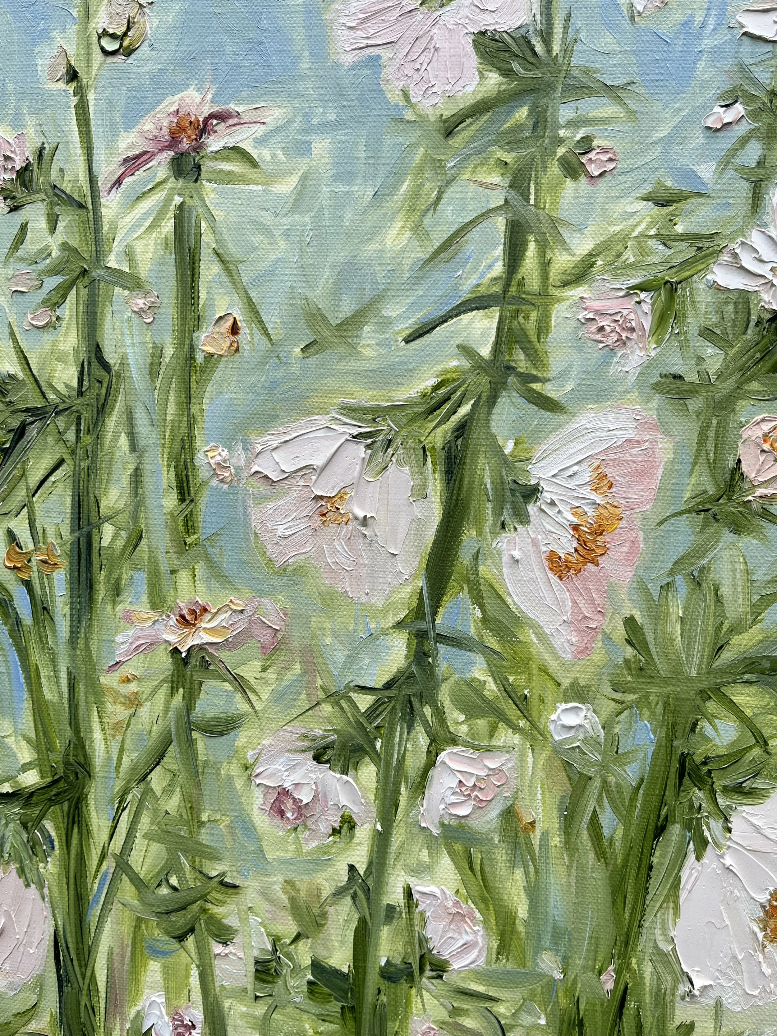 pink green blue white poppies oil painting