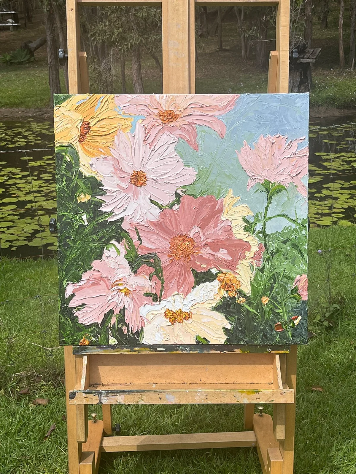 SOLD - 'Standing Tall in their Softness, Dahlias at Dusk', 65cm x 65cm, Oil on Linen, Framed