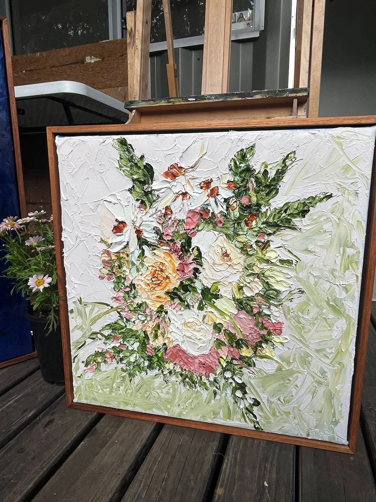 COMMISSION - 'In Friendship and Love', 45cm x 45 cm, Oil on Italian Linen, framed in a Blackwood floating frame.