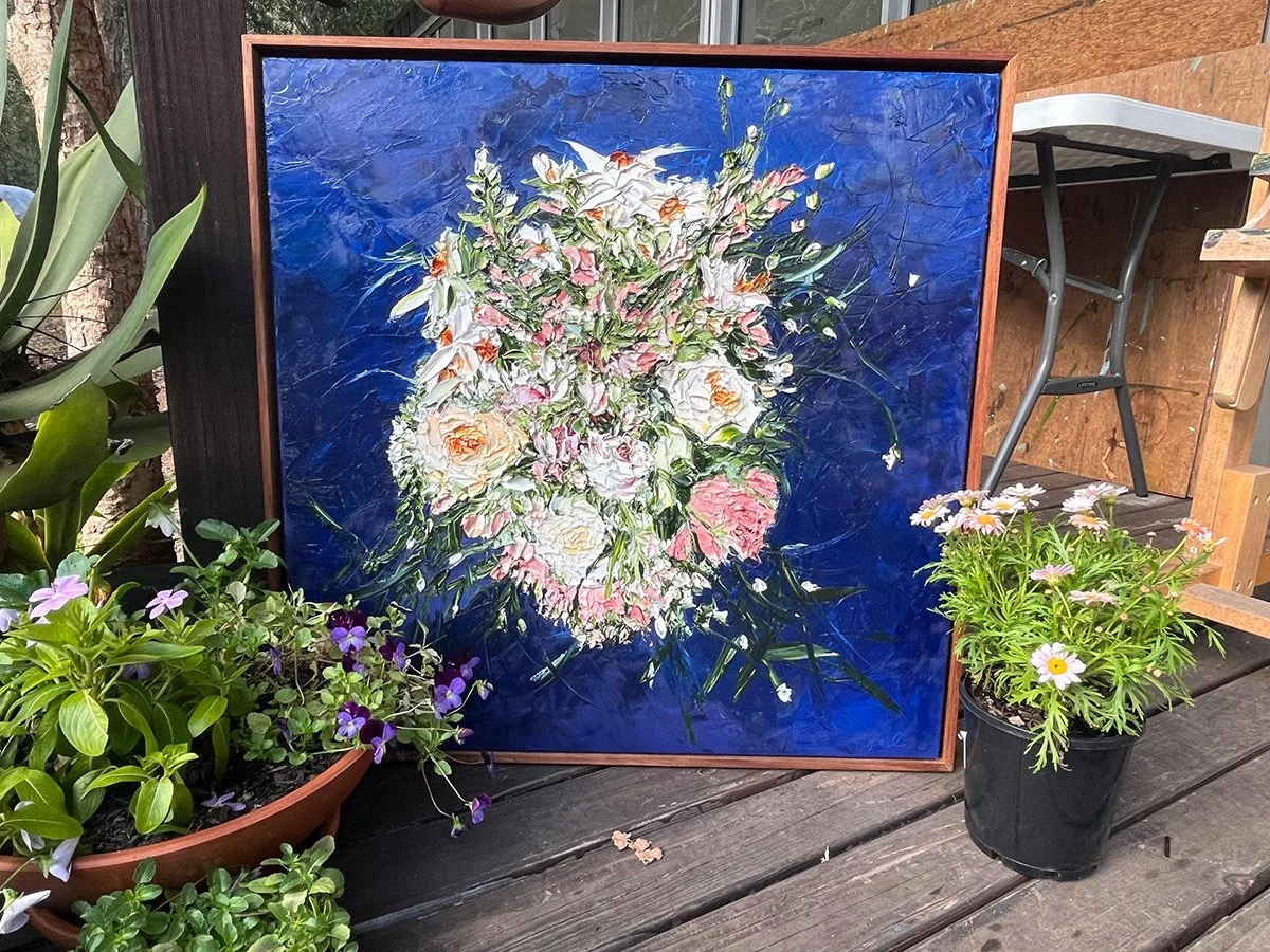 COMMISSION - 'Enduring Beauty', 65cm x 65cm, Oil on Italian Linen, framed in a Blackwood floating frame.
