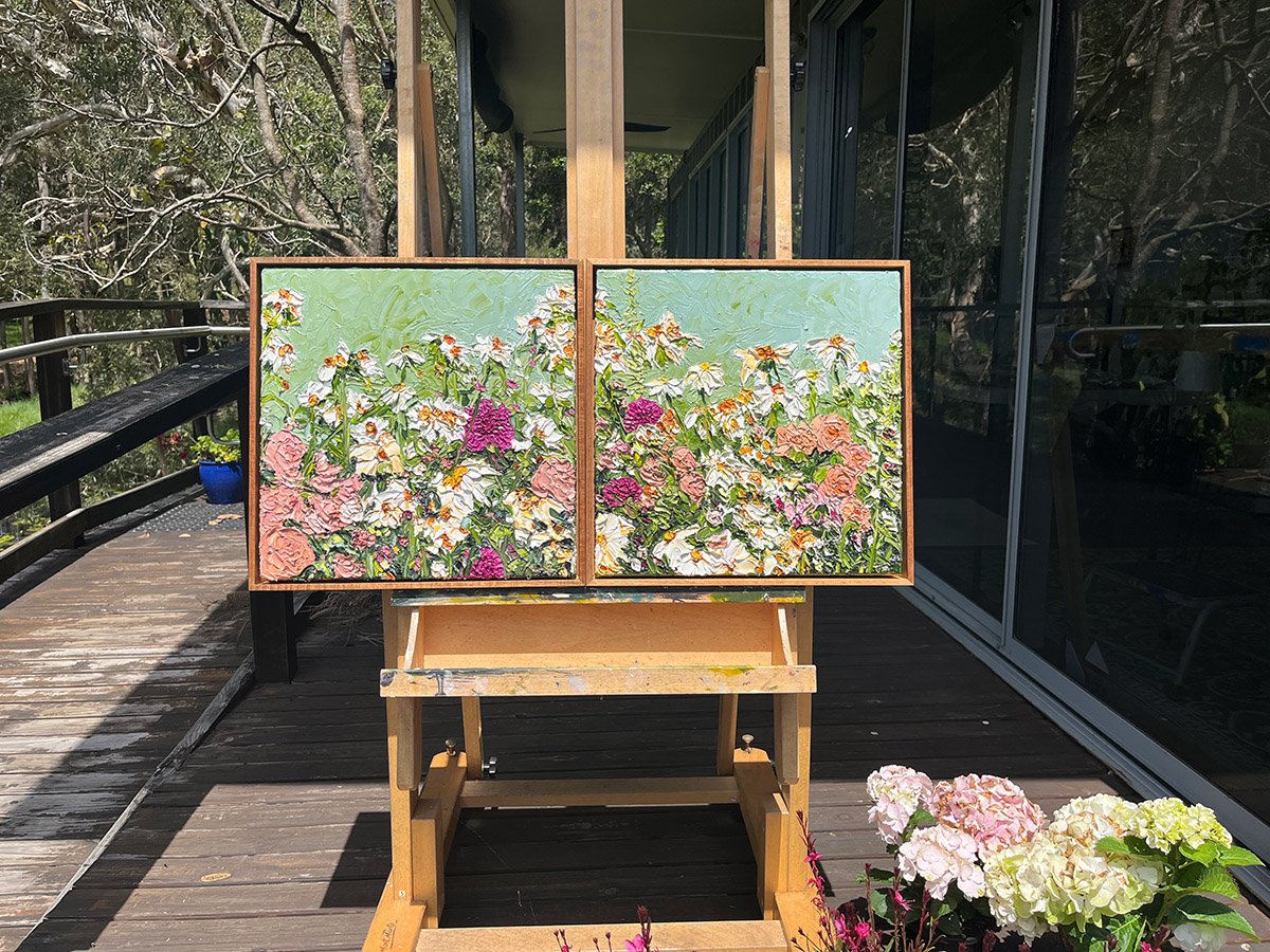 SOLD - 'Between the Leaves II, III', 43cm x 43cm each, Oil on linen, framed.