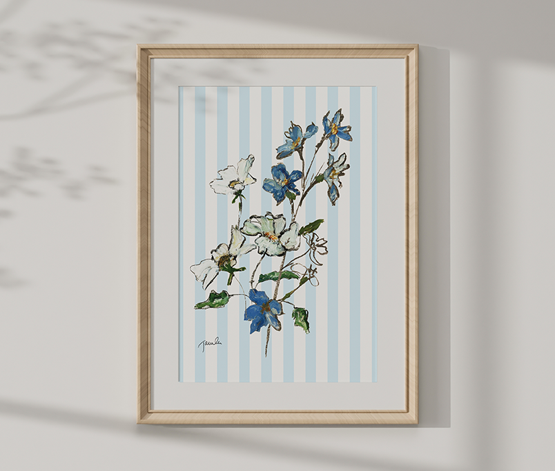 'Delphinium & Cosmos on blue stripe' botanical study fine art reproduction