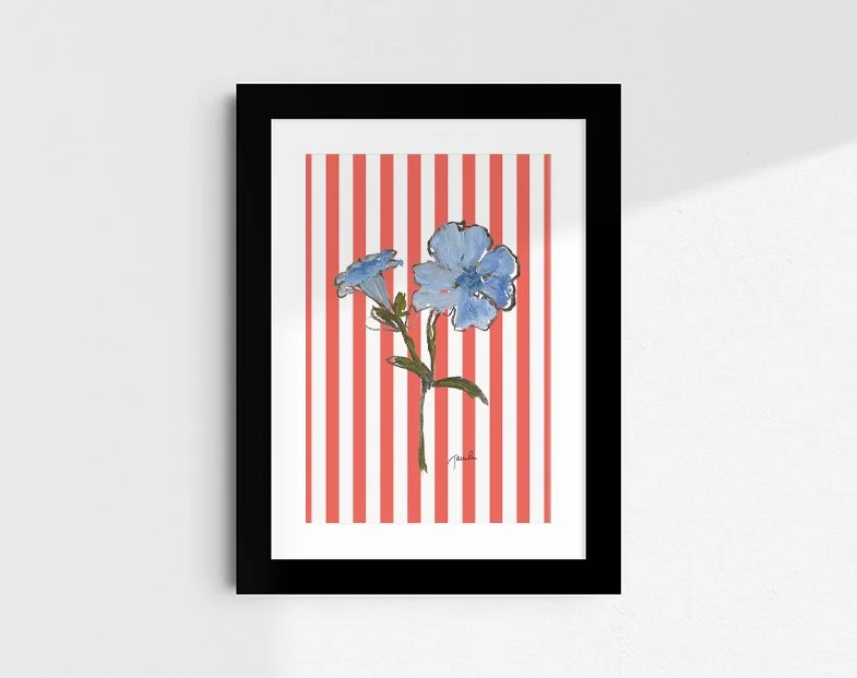 'Blue Pansy on red stripe' botanical study fine art reproduction