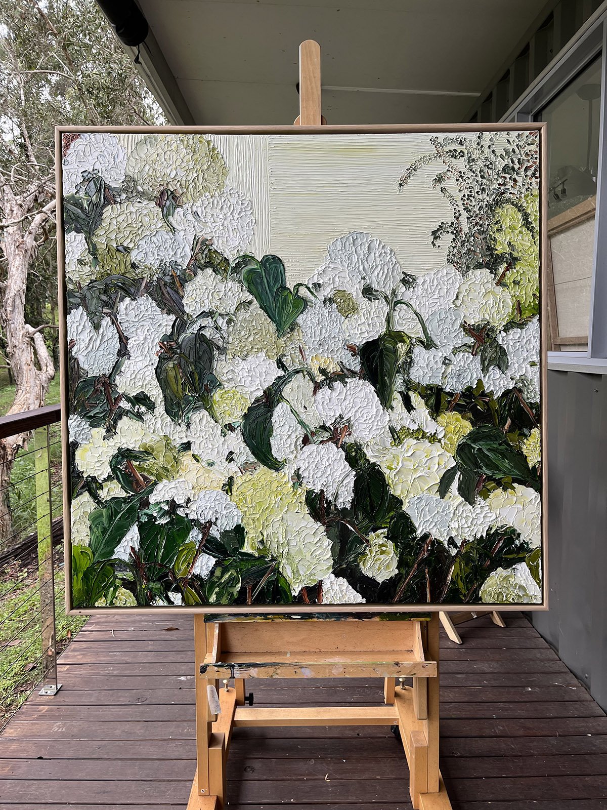 SOLD - 'This is What Love Feels Like', Oil on Italian Linen, 124cm x 124cm, Framed.
Hydrangeas in bloom painted in muted blues, greens, buttercream white and soft lemon yellow. 