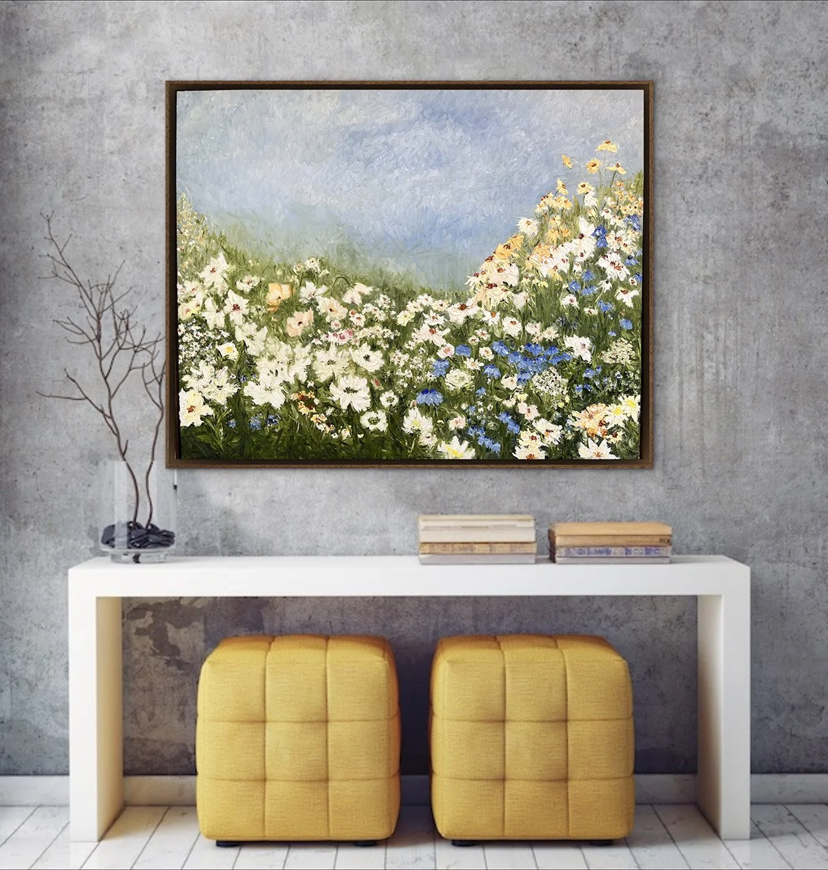 SOLD - 'Meadows of Joy', 103cm x 83cm, Oil, Blackwood Frame.
Textured oil painting that celebrates blooms, blue nigellas, a sweeping hill with daisies, cosmos and dahlias rising in to a soft cloud covered sky. Greens, blues, butter yellows, hints of 