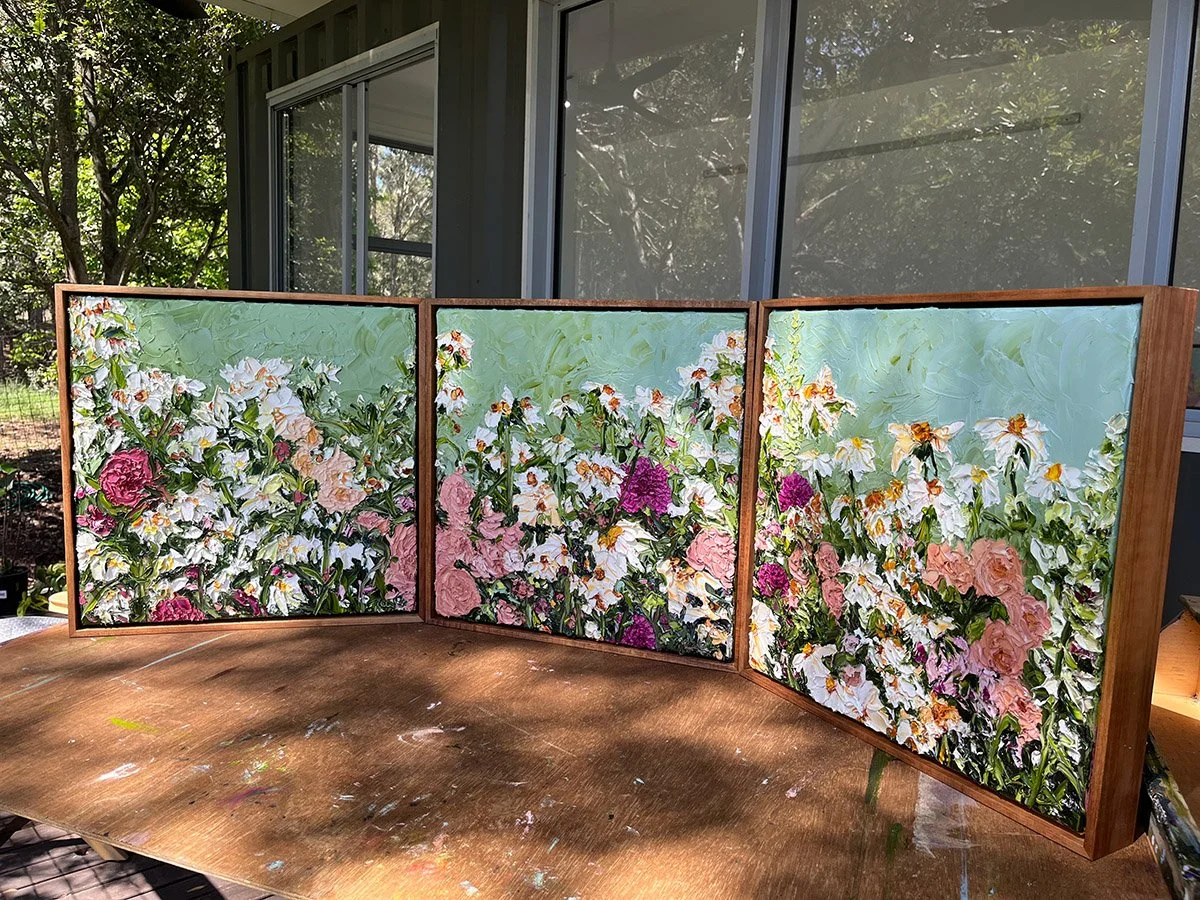 ALL SOLD - 'Between the Leaves I II, III', 43cm x 43cm each, Oil on linen, framed.