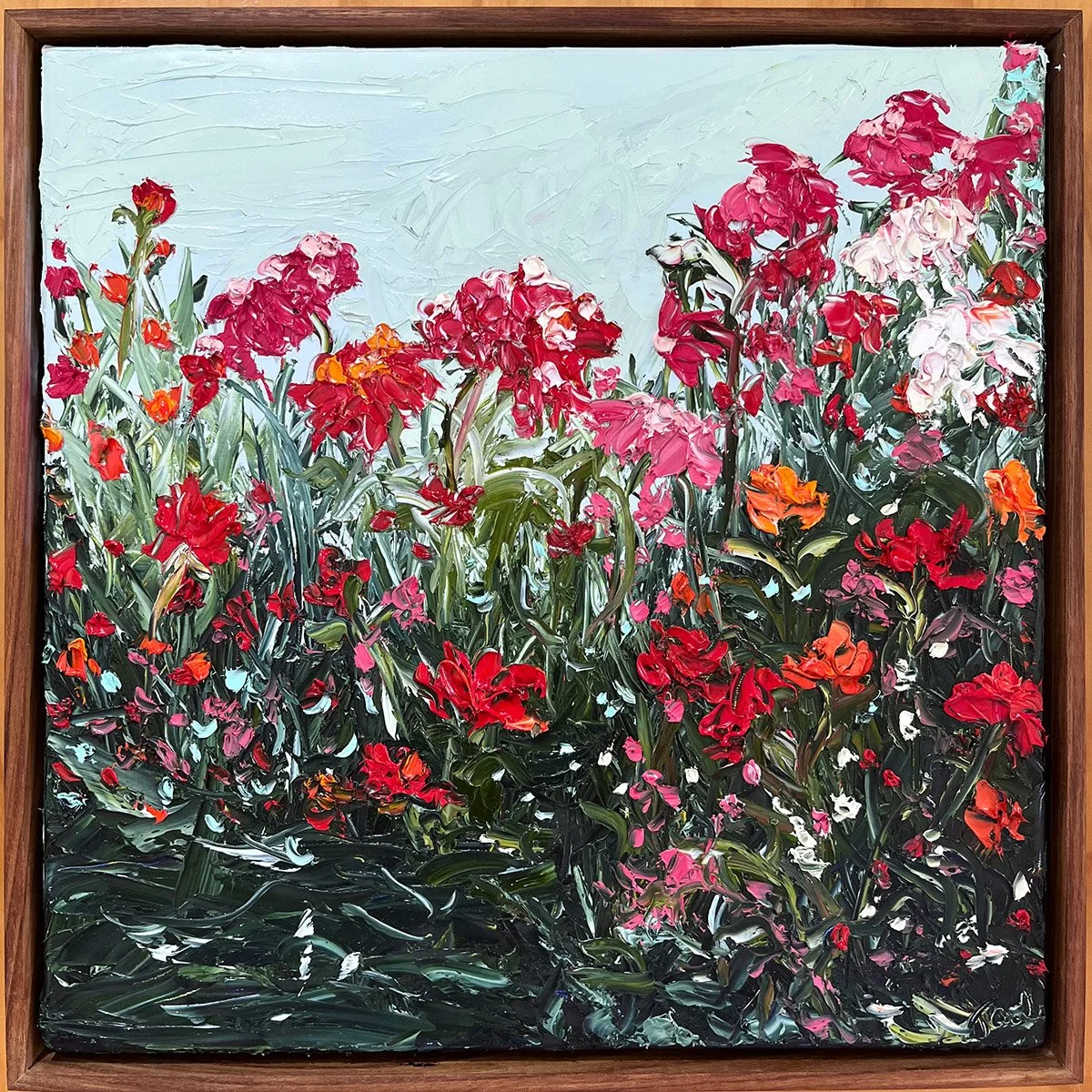 SOLD - 'A Gardener's Delight: Summer Rain', 43cm x 43cm Oil, Linen, Framed.
