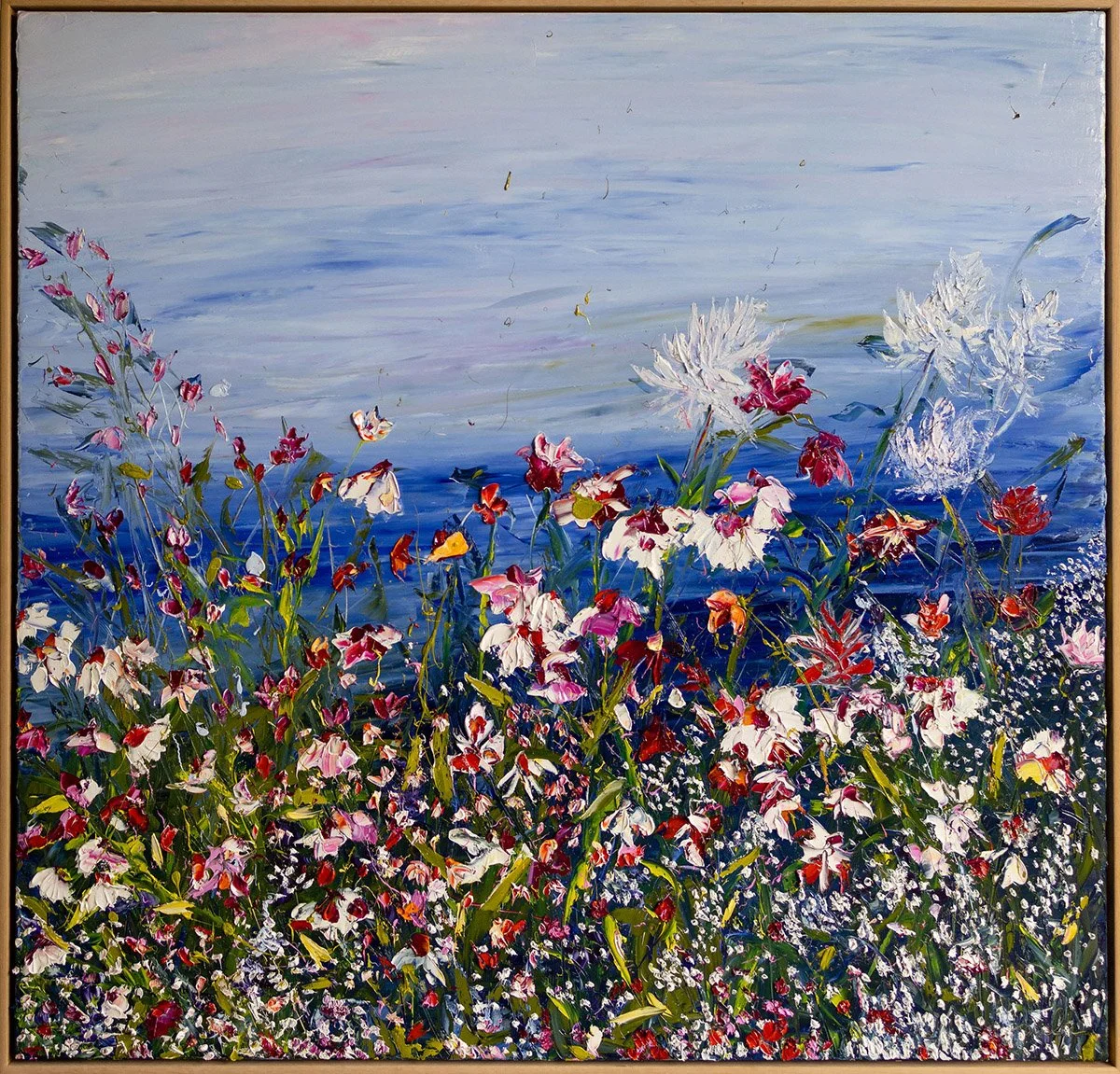 SOLD - 'Chasing Blue Butterflies', 126cm x 120cm, Oil on Italian Linen, Framed 
