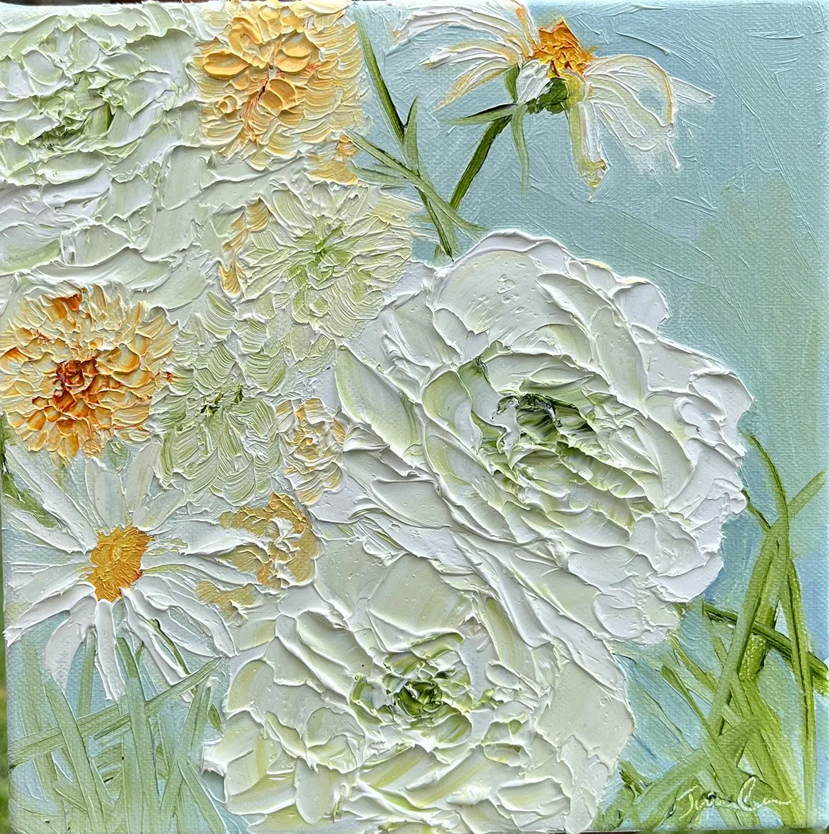 SOLD - 'The Proud Heralds of Spring II', 23.5cm x 23.5cm Oil, framed in Oak.
Highly textured oil painting that features dahlias, peonies, and cosmos dancing. A delicate and impactful desktop delight. 